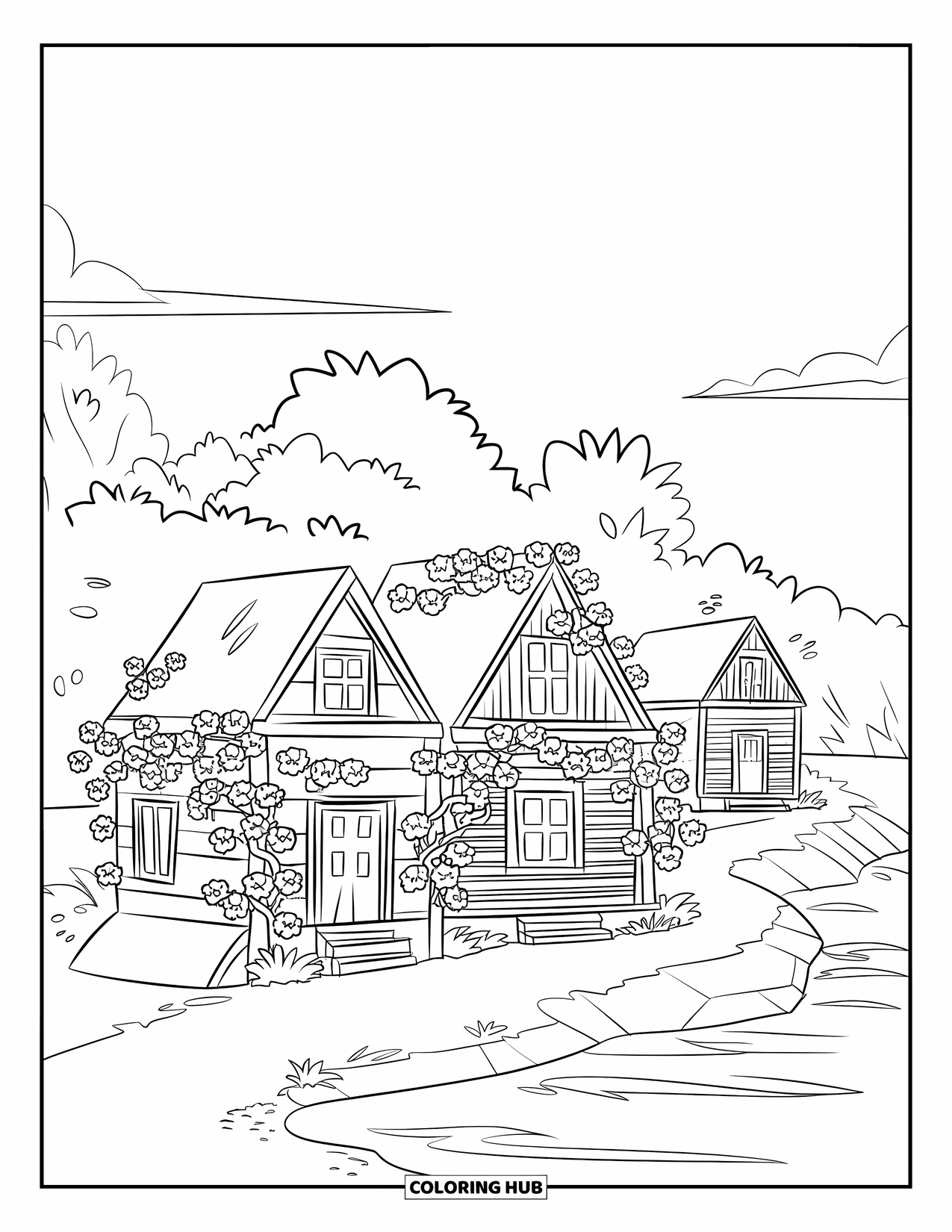 Zomer Kleurplaat voor Kinderen: Een charmant eilanddorp beschikt over huizen op palen bedekt met klimmende bougainvillea
