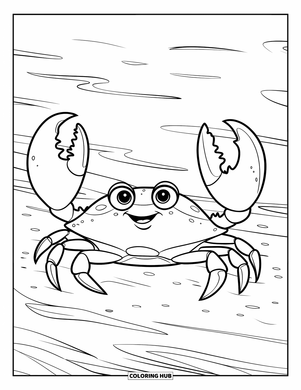 Zomer Kleurplaat voor Kinderen: Een vrolijke krab zit vrolijk op het zand bij zachte oceaangolven