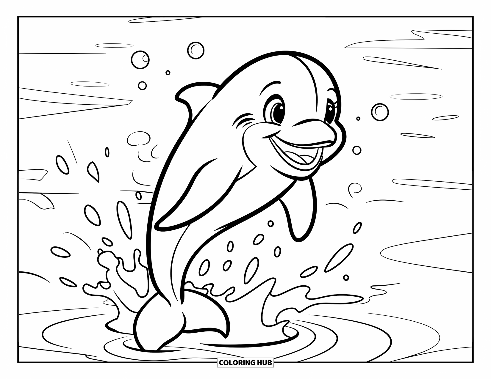 Zomer Kleurplaat voor Kinderen: Een vrolijke dolfijn springt en maakt een grote plons in het water