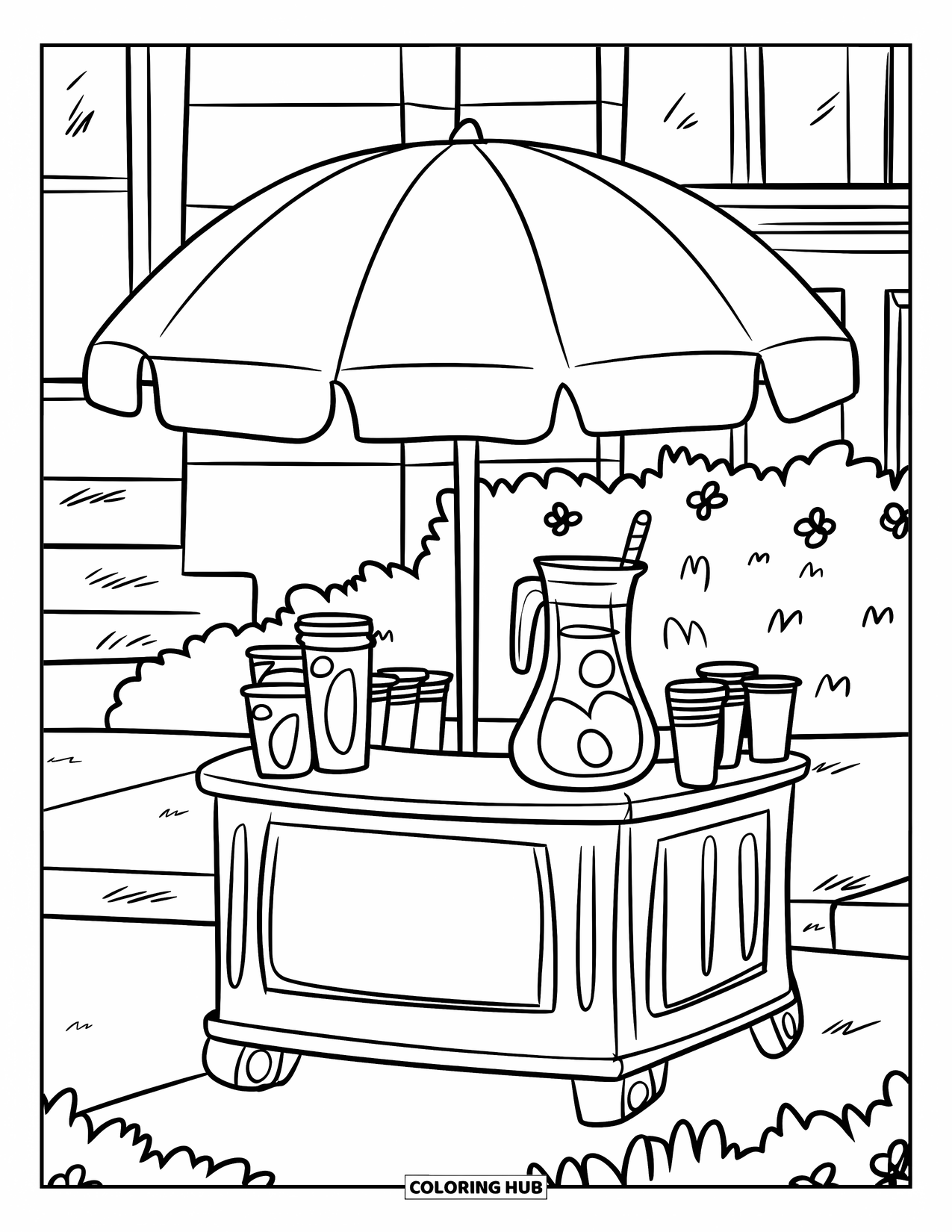 Zomer Kleurplaat voor Kinderen: Een vrolijke limonadekraam met bloemen in de buurt verwelkomt klanten op een zonnig trottoir