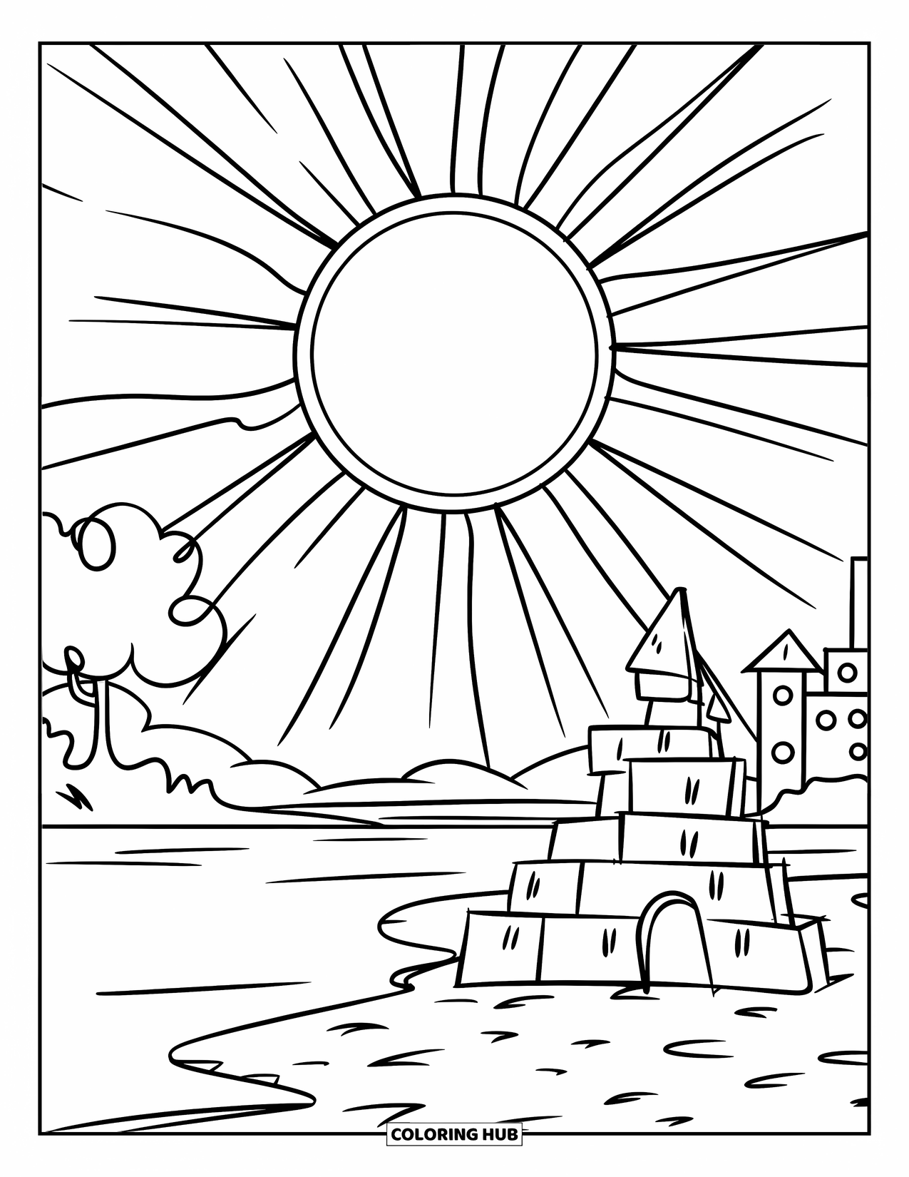 Zomer Kleurplaat voor Kinderen: Een vrolijke zon waakt over een klein zandkasteel en zachte oceaangolven