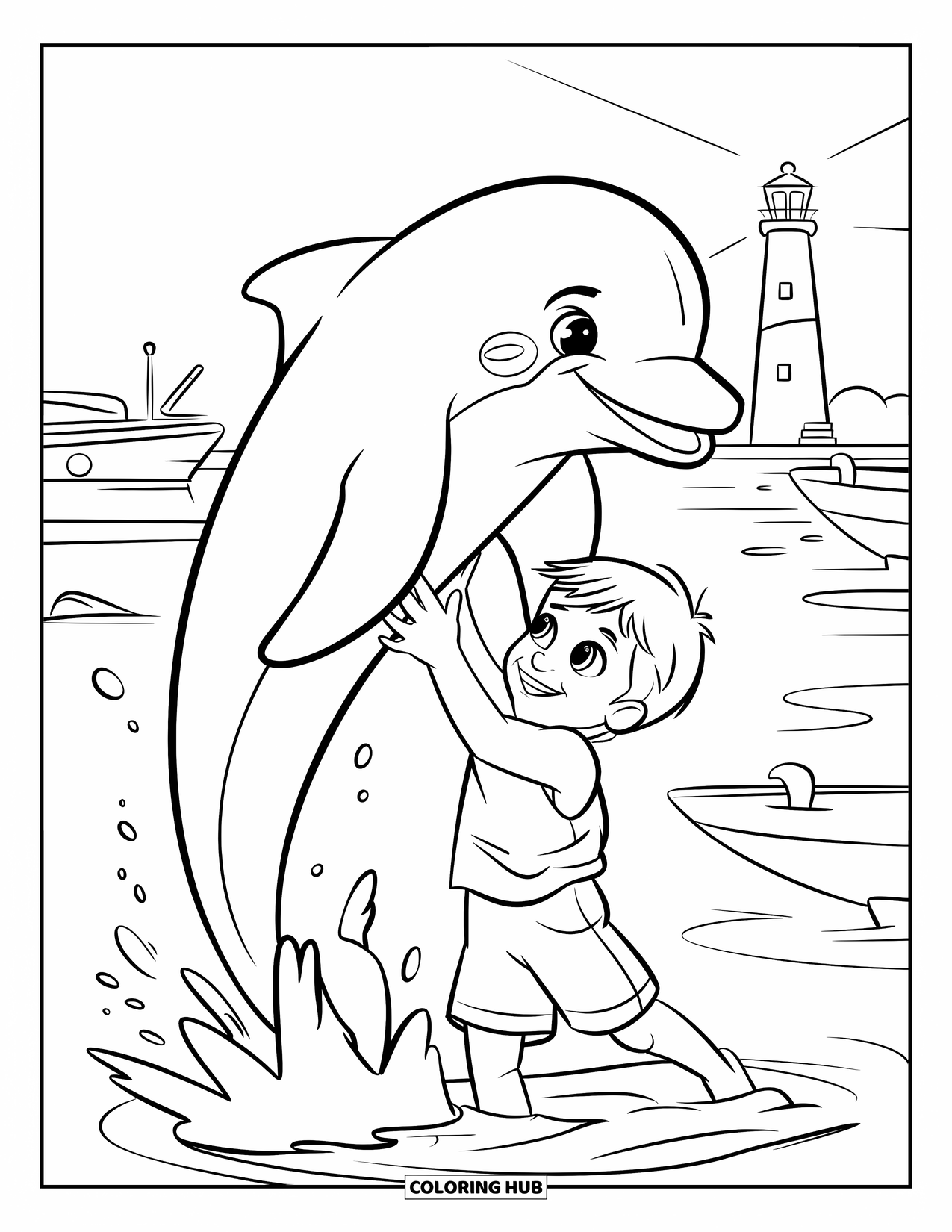 Zomer Kleurplaat voor Kinderen: Een kind en een dolfijn spetteren vrolijk samen in de oceaan