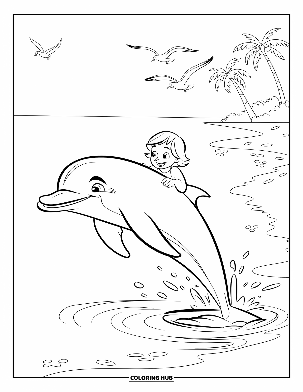 Zomer Kleurplaat voor Kinderen: Een kind houdt een springende dolfijn vast in de sprankelende zee
