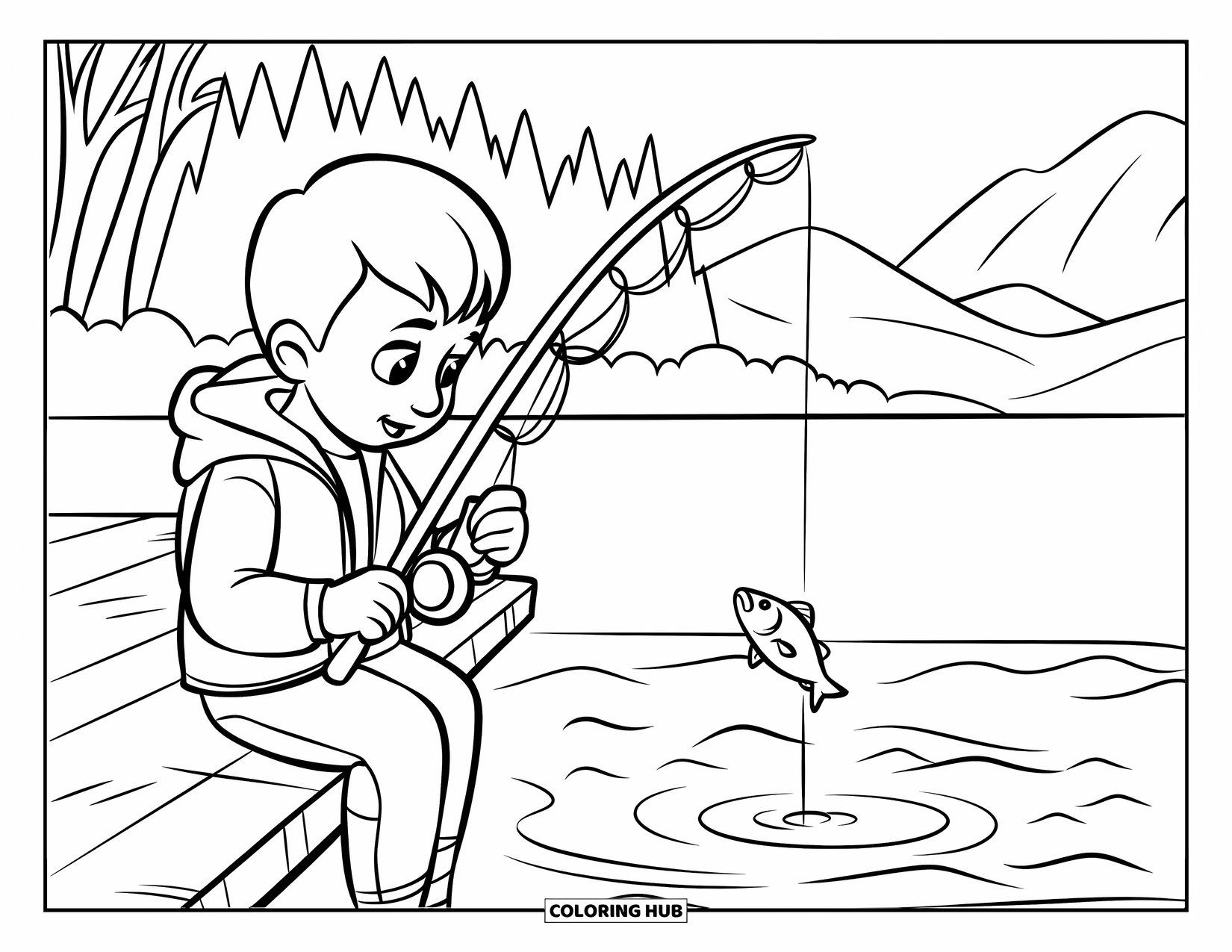 Zomer Kleurplaat voor Kinderen: Een kind met een hoed vist vanaf een houten dok bij een kalm meer