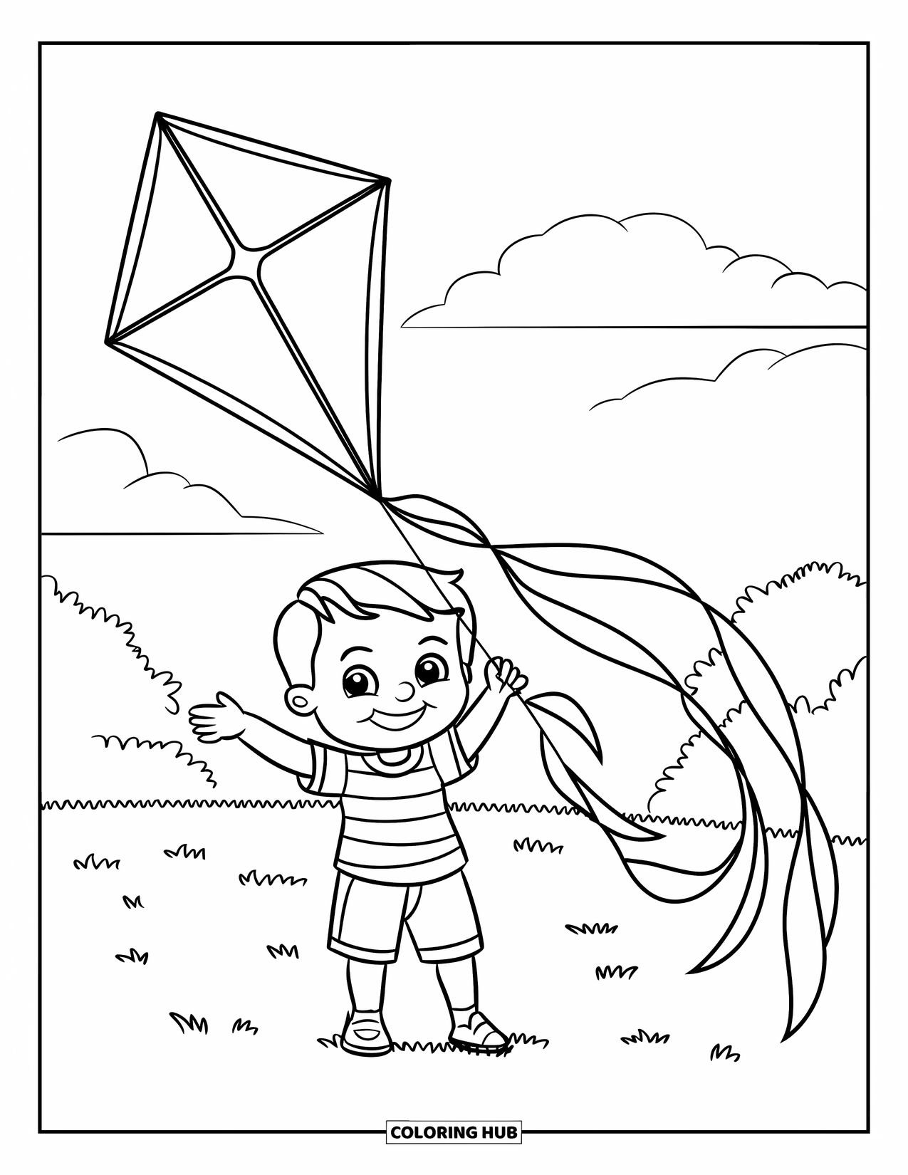 Zomer Kleurplaat voor Kinderen: Een kind houdt vrolijk een vlieger vast terwijl deze in de wind danst