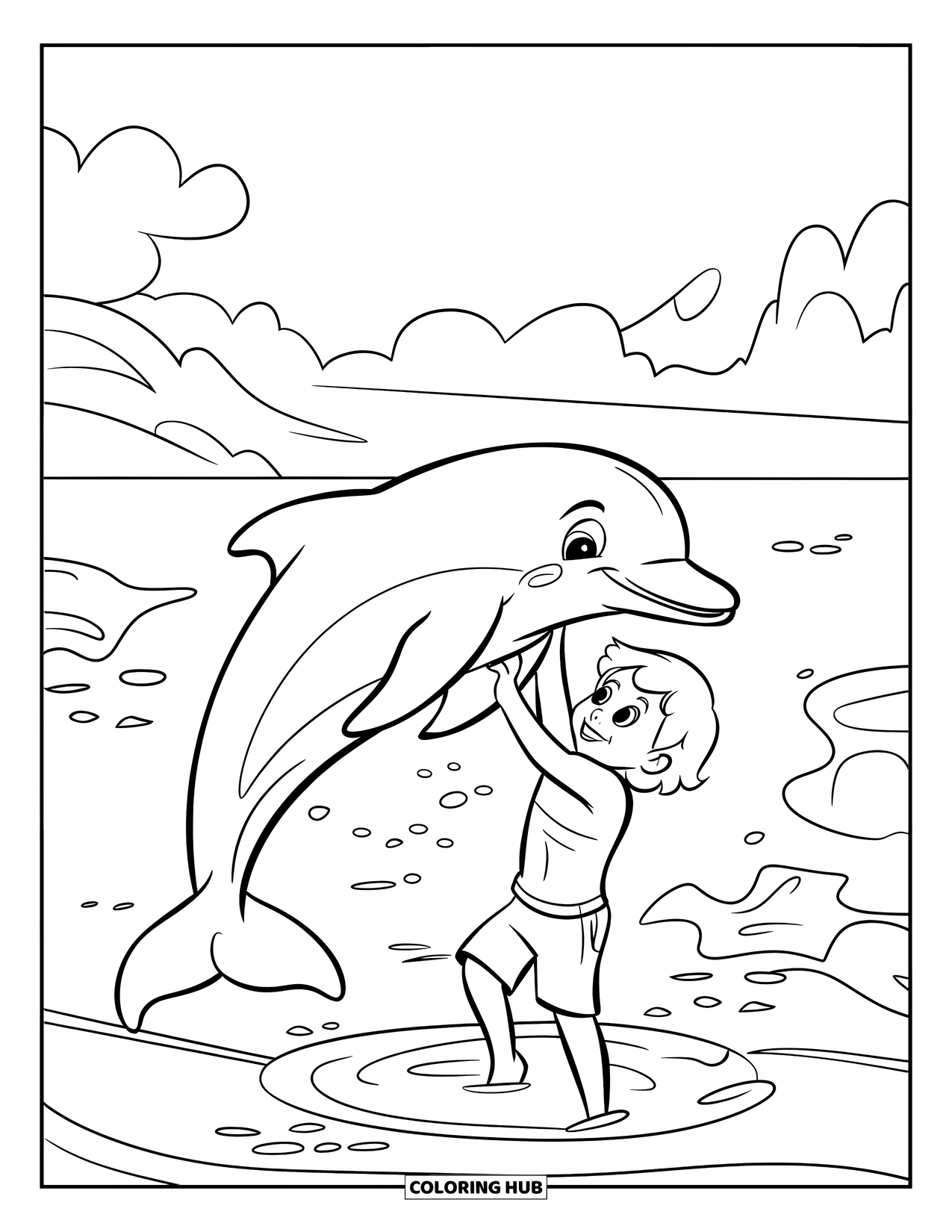 Zomer Kleurplaat voor Kinderen: Een kind speelt in het water terwijl een dolfijn in de buurt springt