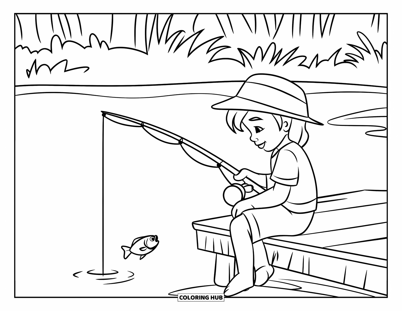 Zomer Kleurplaat voor Kinderen: Een kind zit op een dok en vist in een vredig meer