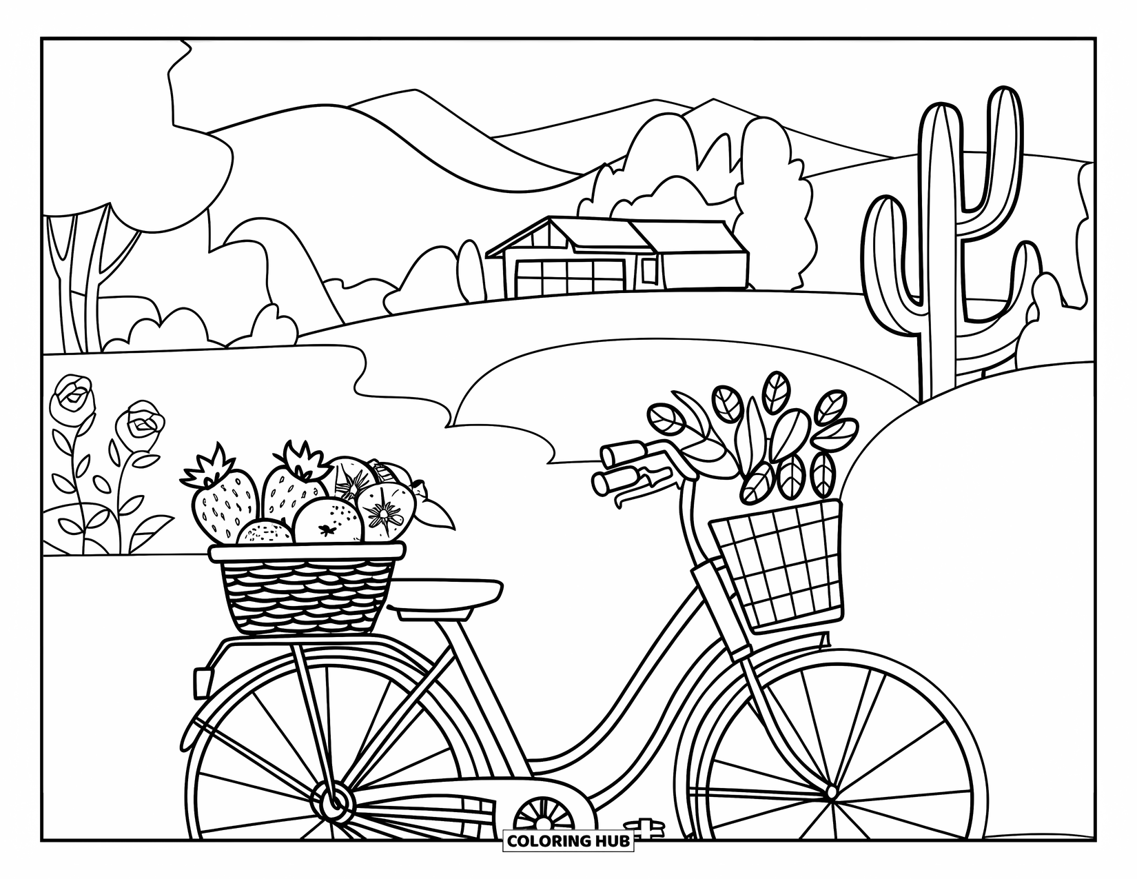 Zomer Kleurplaat voor Kinderen: Een klassieke fiets met een met fruit gevulde mand staat in de buurt van bloeiende bloemen