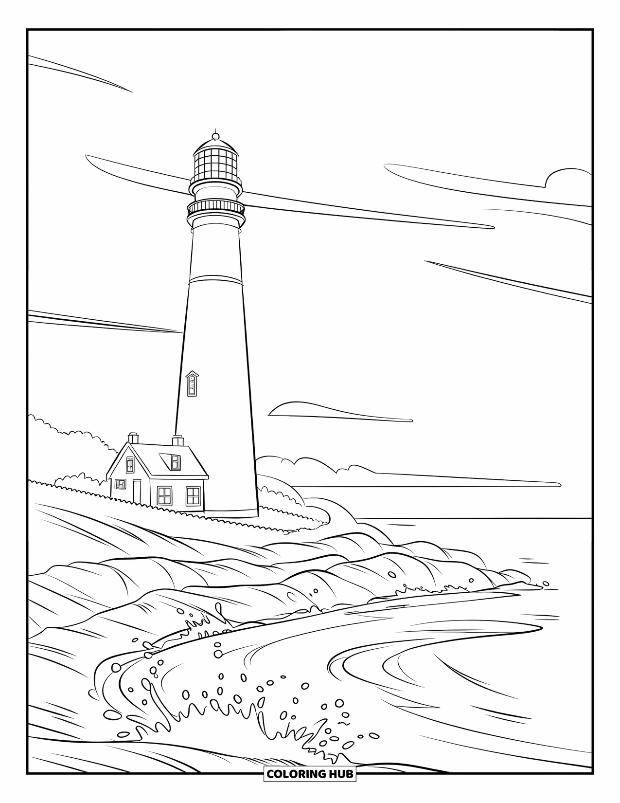 Zomer Kleurplaat voor Kinderen: Een klassieke vuurtoren torent hoog boven de zee uit met golven die binnenrollen