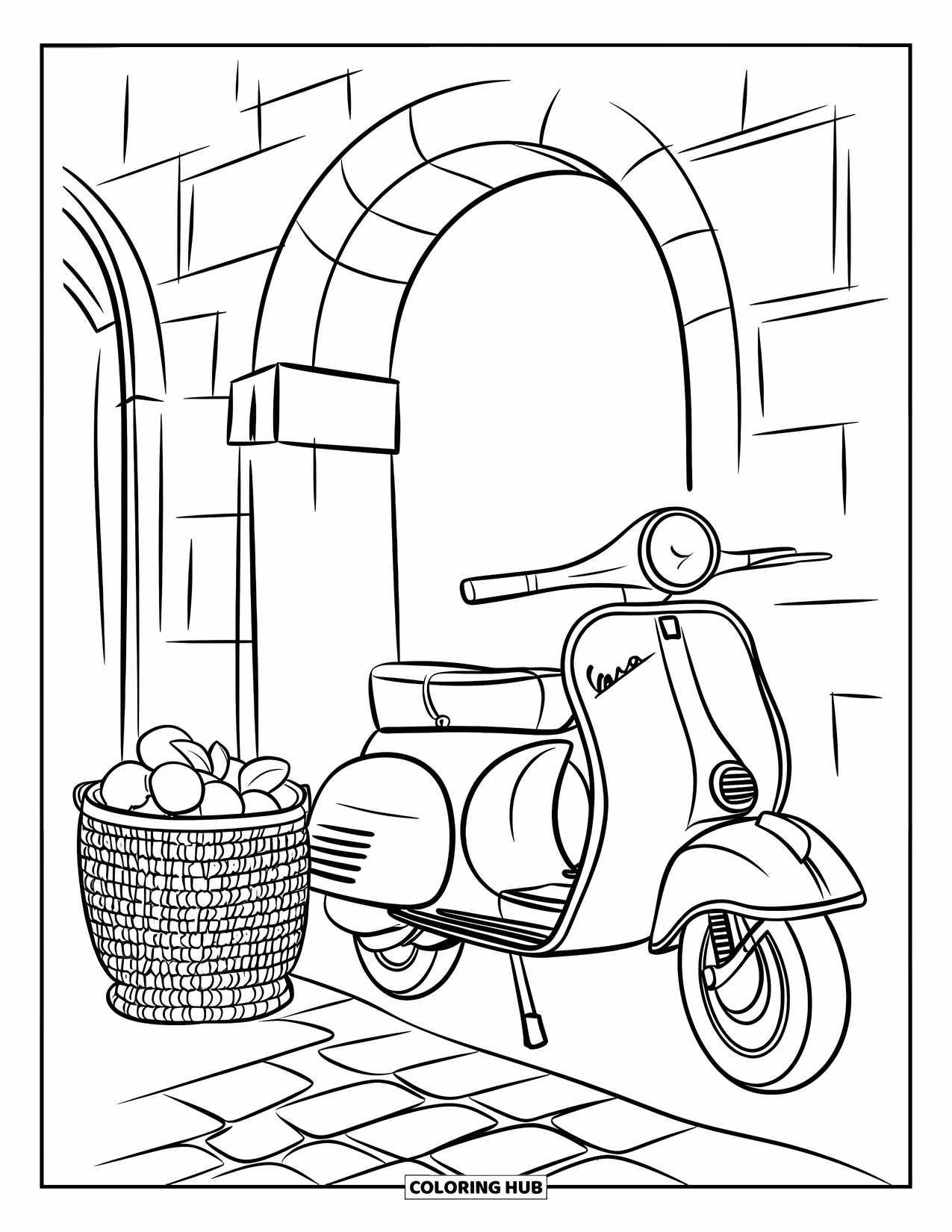 Zomer Kleurplaat voor Kinderen: Een klassieke Vespa staat geparkeerd naast een stenen boog, met citroenen in de buurt