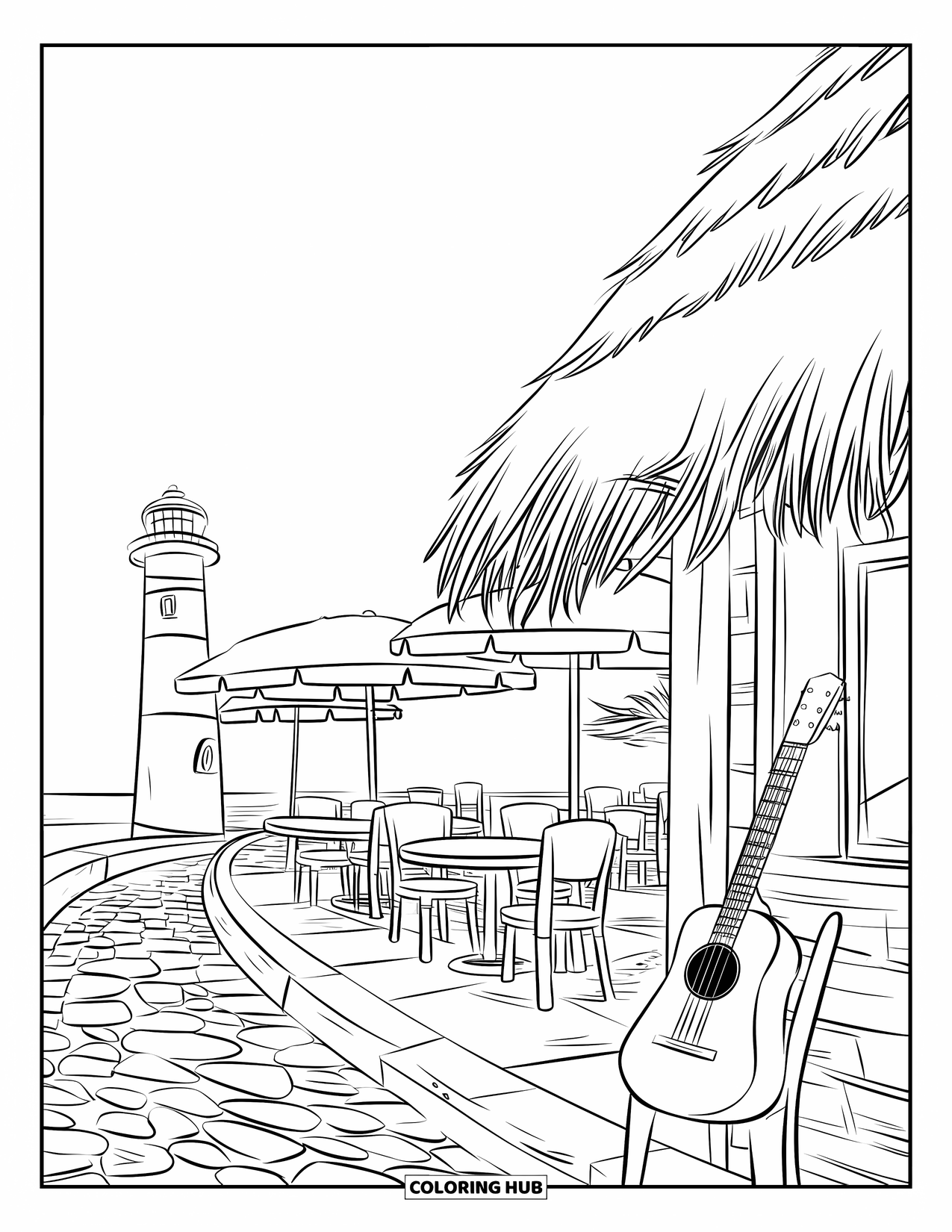 Zomer Kleurplaat voor Kinderen: Een geplaveide straat leidt naar een gezellig café aan zee met tafels buiten en parasols