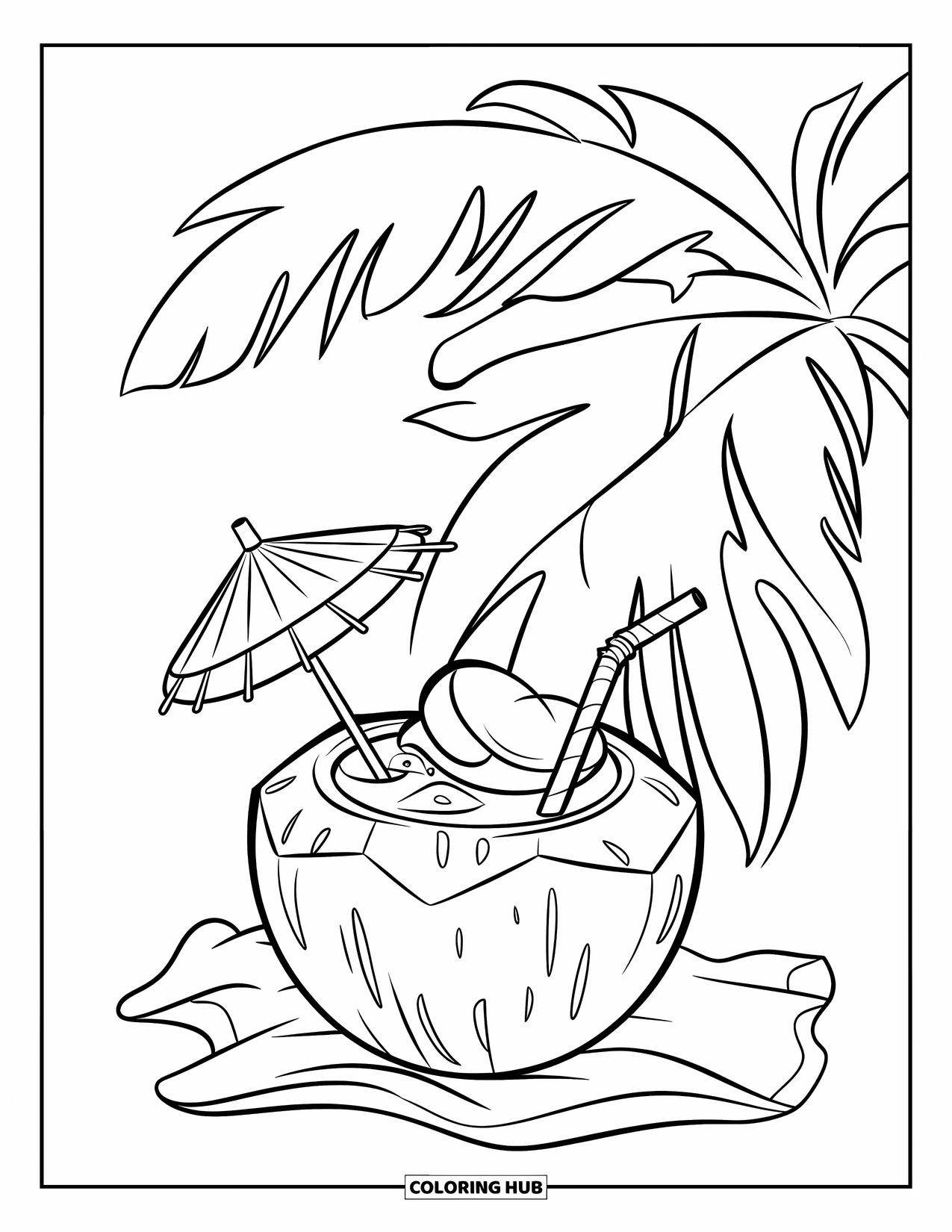 Zomer Kleurplaat voor Kinderen: Een kokosnootdrankje met een klein parasolletje staat op een doek onder wuivende palmen