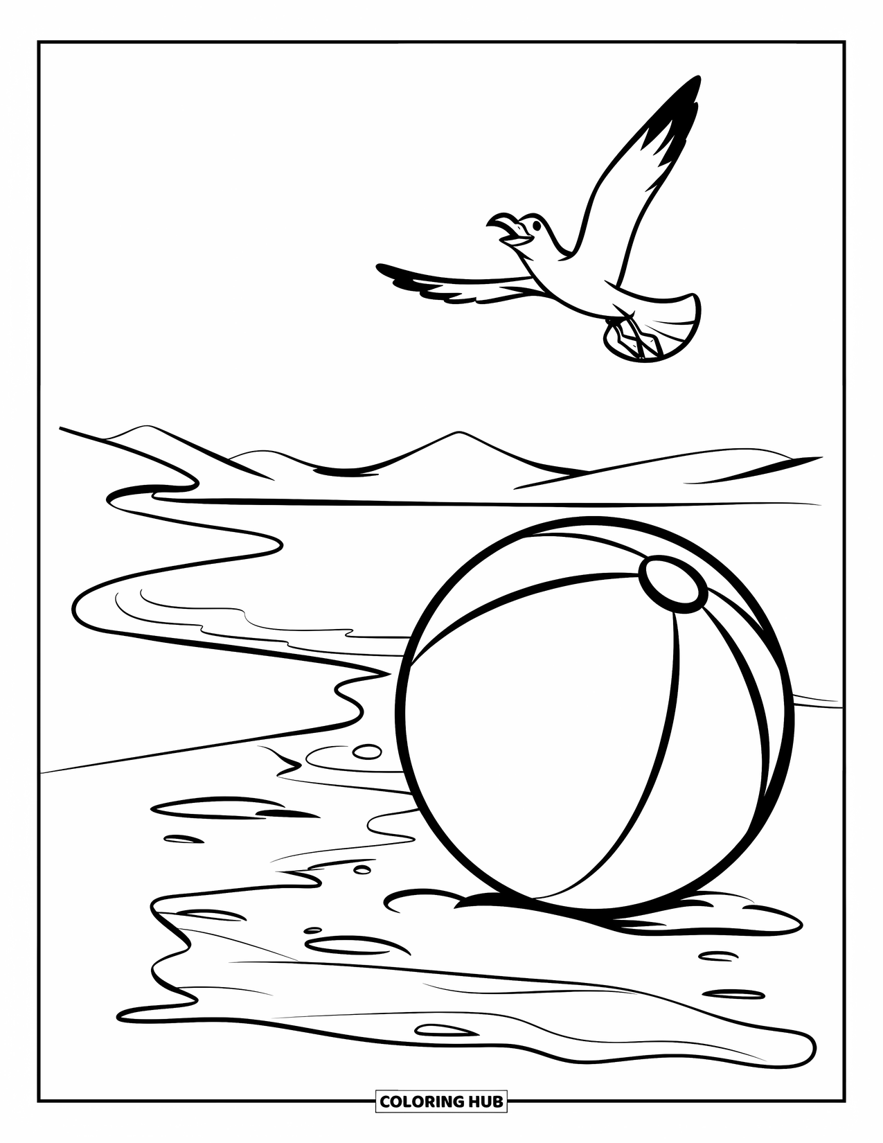 Zomer Kleurplaat voor Kinderen: Een kleurrijke strandbal rolt over het zand terwijl een zeemeeuw in de buurt zweeft