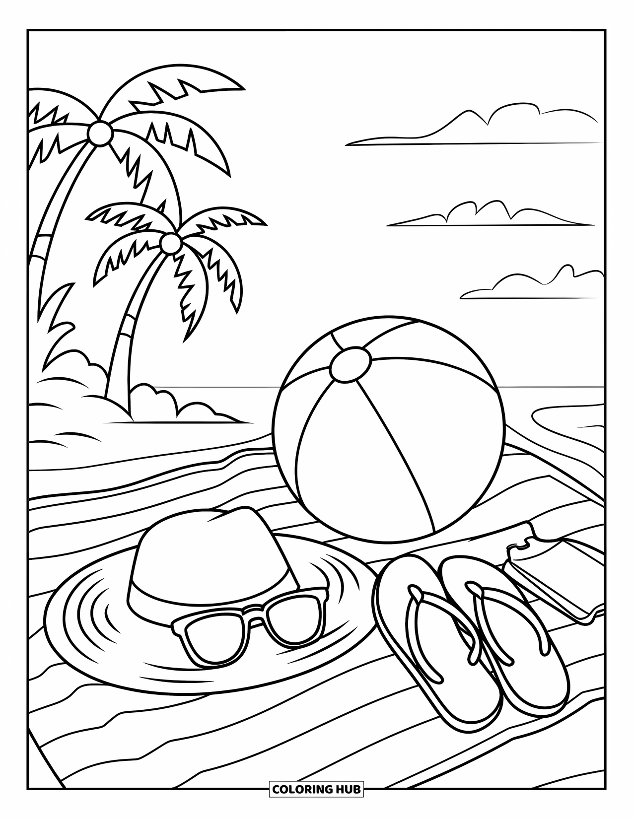 Zomer Kleurplaat voor Kinderen: Een gezellig strandtafereel met een handdoek, een zonnehoed en verspreide strandbenodigdheden