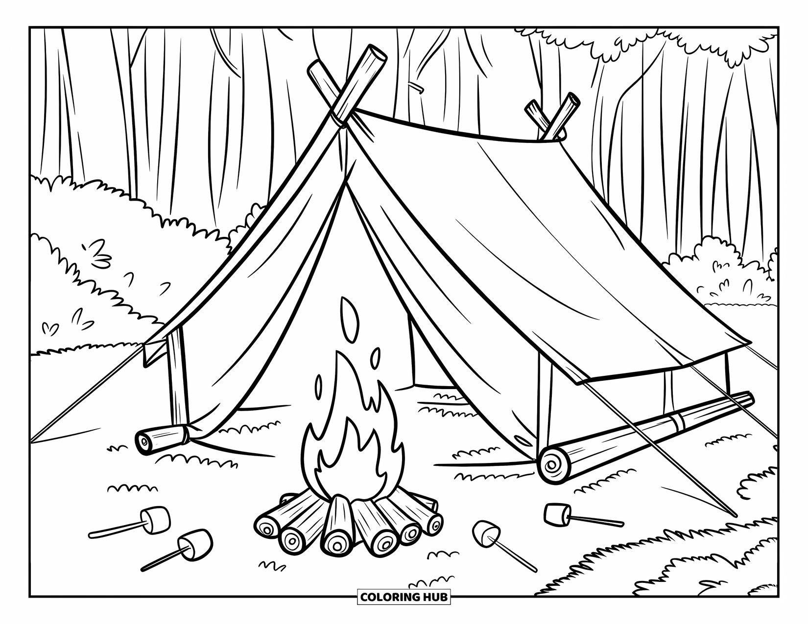 Zomer Kleurplaat voor Kinderen: Een gezellige tent met een vreugdevuur en marshmallows staat in een rustig bos