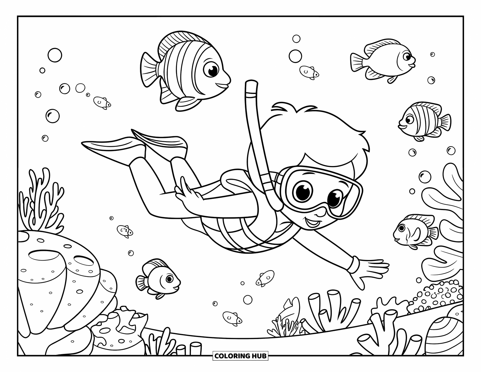 Zomer Kleurplaat voor Kinderen: Een nieuwsgierig kind zwemt met tropische vissen in de buurt van een levendig koraalrif