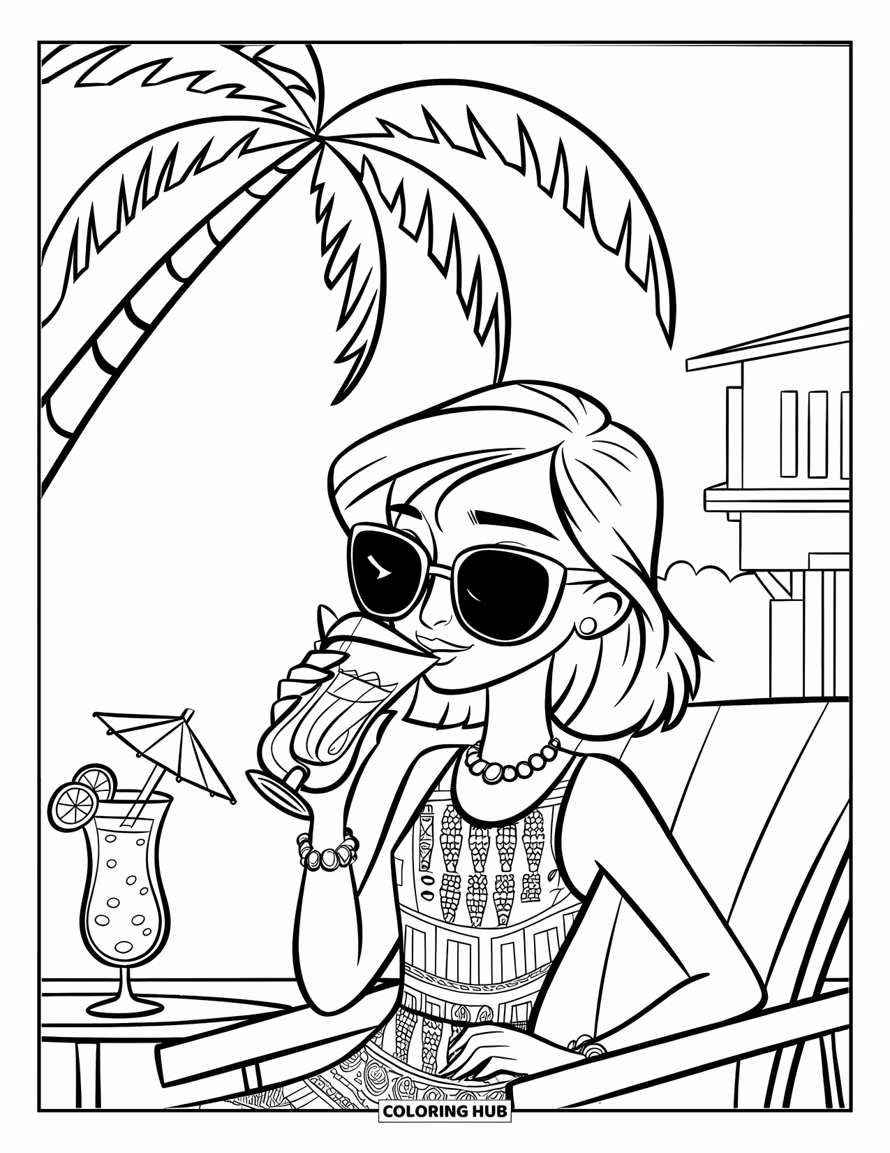 Zomer Kleurplaat voor Kinderen: Een modieus meisje ontspant op een strandstoel met een tropisch drankje in de hand