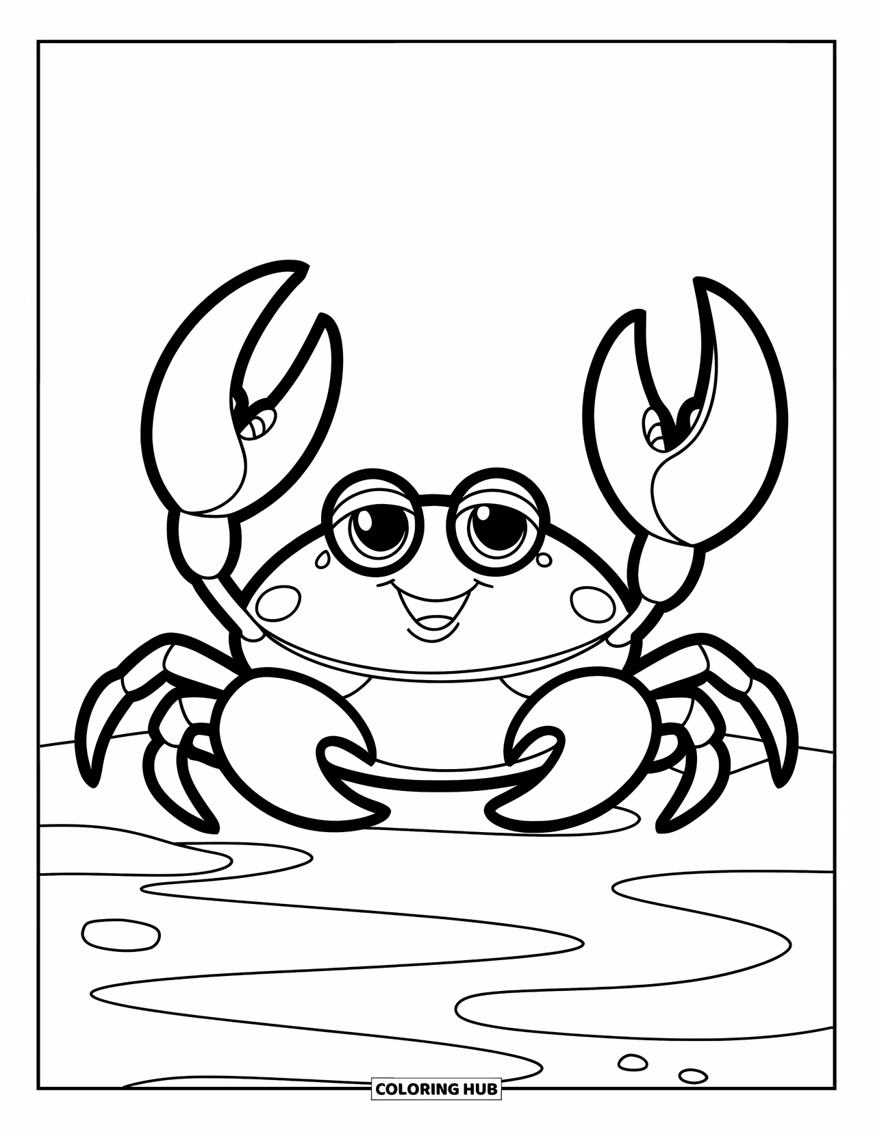 Zomer Kleurplaat voor Kinderen: Een vriendelijke krab met grote scharen rust op een eenvoudig, zanderig strand