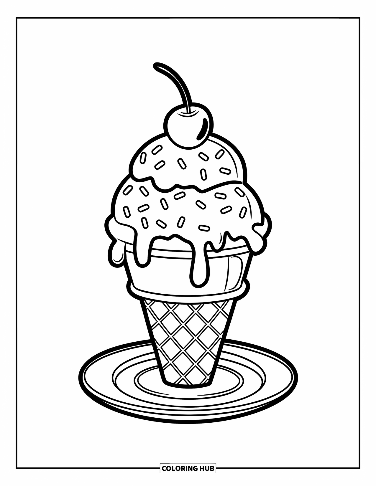 Zomer Kleurplaat voor Kinderen: Een reusachtig ijsje met een kers erop smelt een beetje