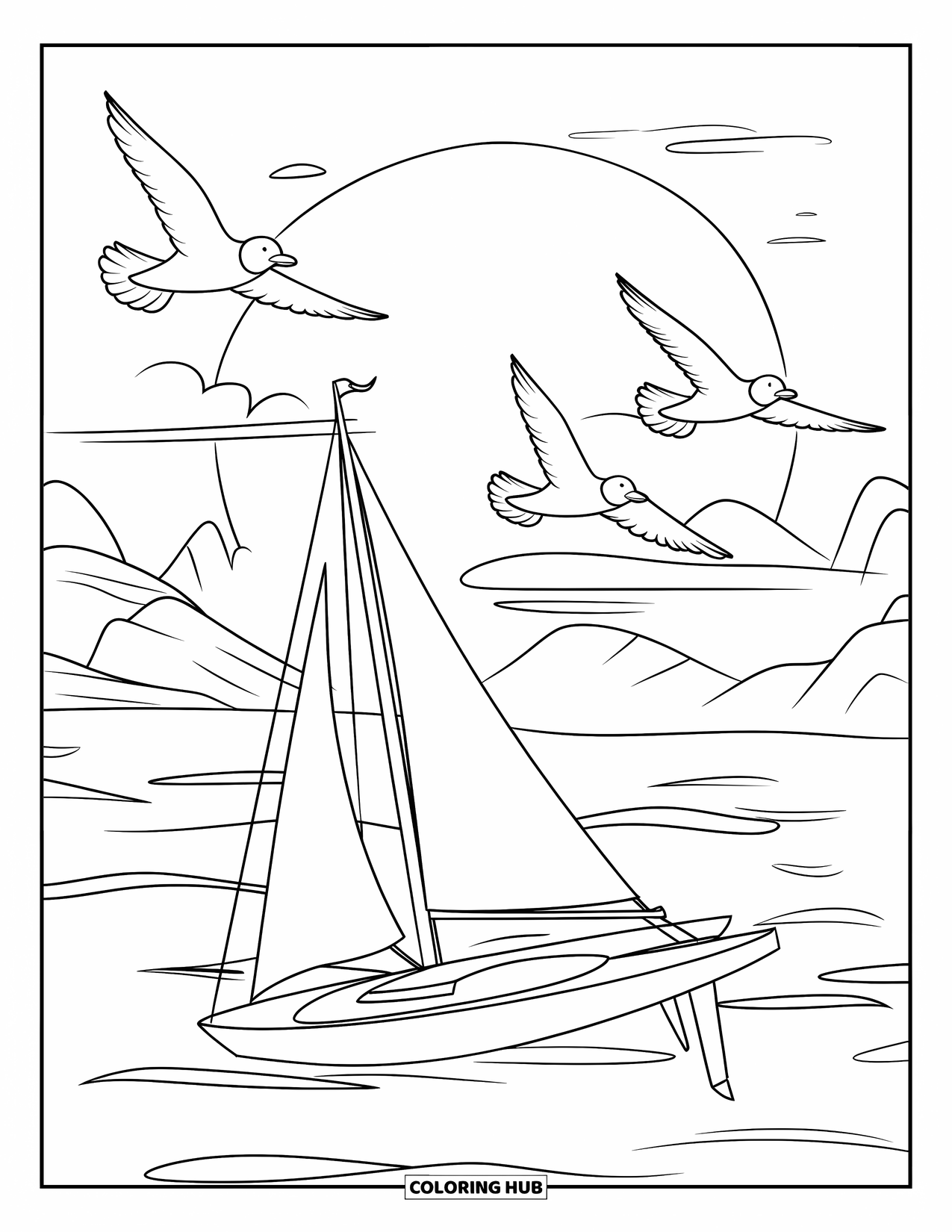 Zomer Kleurplaat voor Kinderen: Een gouden zonsondergang schildert de lucht terwijl een zeilboot vredig dobbert