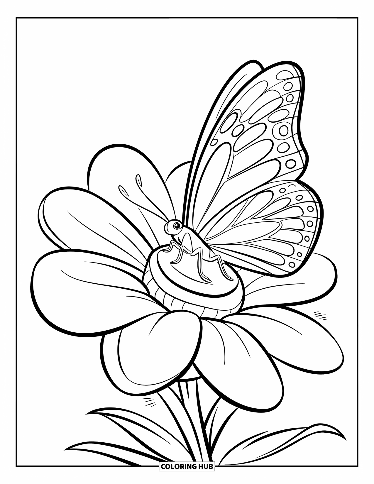 Zomer Kleurplaat voor Kinderen: Een sierlijke vlinder fladdert boven een tropische bloem in bloei