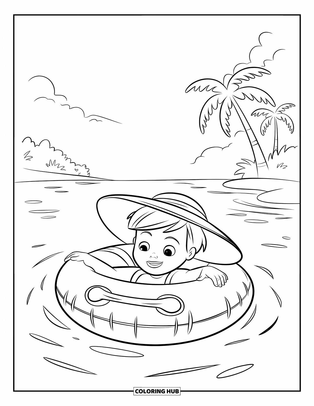 Zomer Kleurplaat voor Kinderen: Een vrolijk kind drijft in een zwemband en geniet van het rustige water