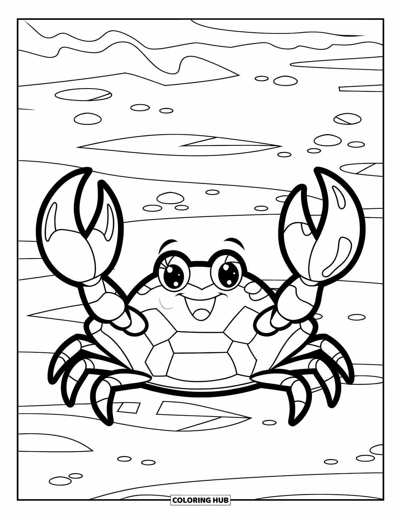 Zomer Kleurplaat voor Kinderen: Een vrolijke krab met een heldere uitdrukking geniet van de zonnige kust