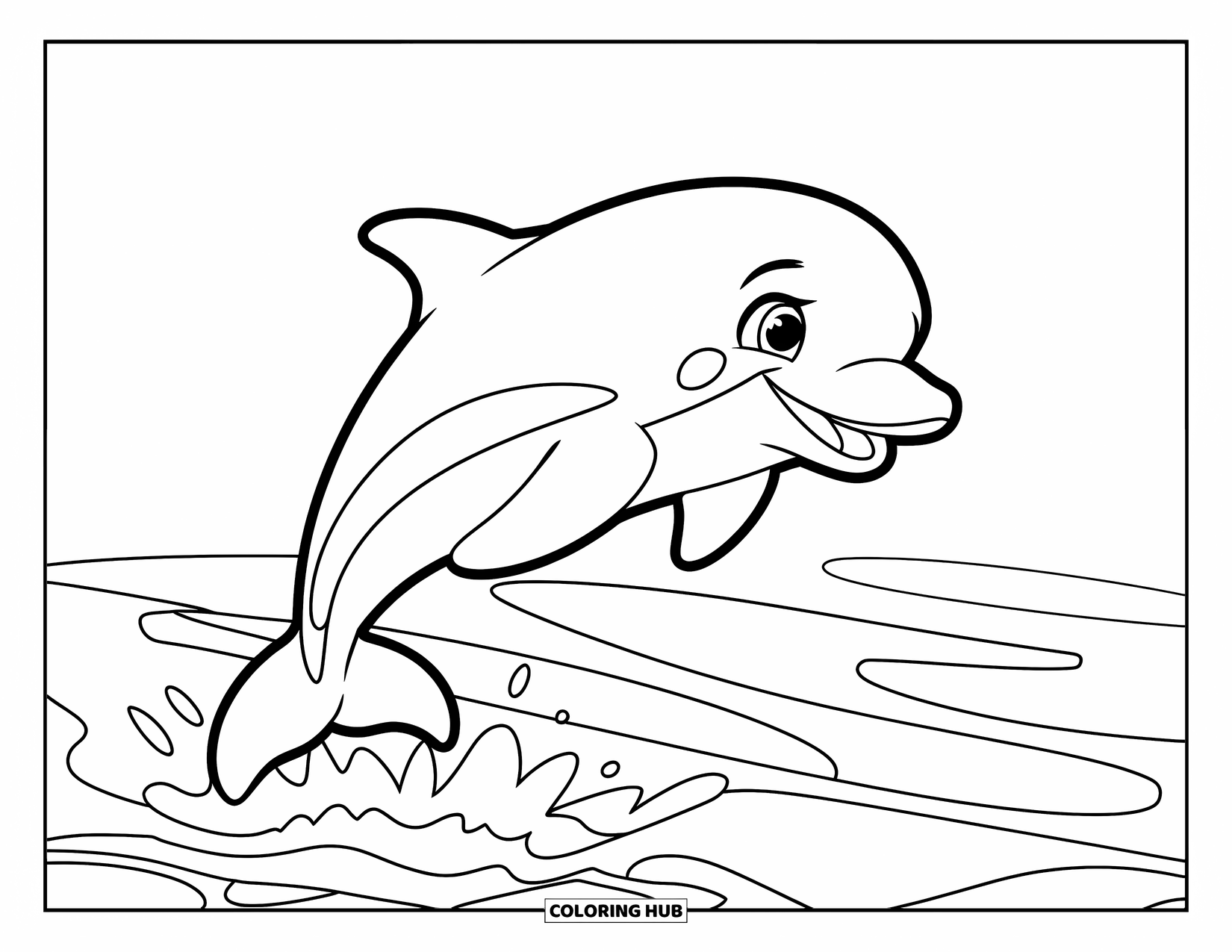 Zomer Kleurplaat voor Kinderen: Een vrolijke dolfijn zweeft boven de golven in een leuk oceaantafereel