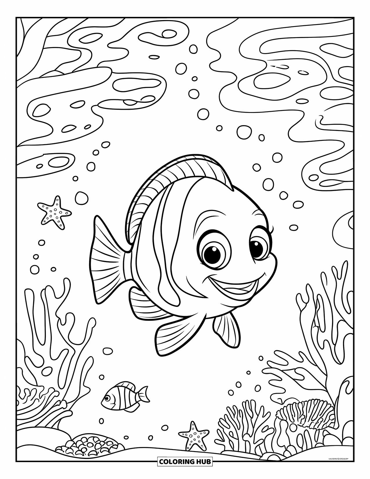 Zomer Kleurplaat voor Kinderen: Een vrolijke vis glijdt door koraalriffen vol met zeedieren