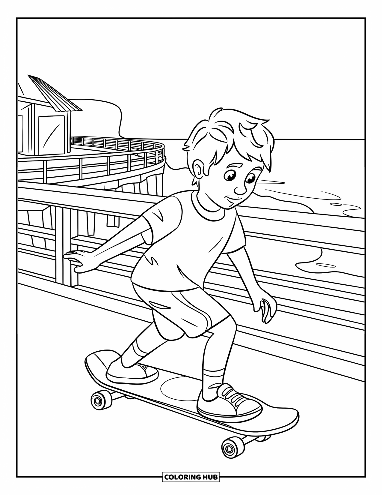 Zomer Kleurplaat voor Kinderen: Een vrolijke skateboarder glijdt over een promenade omzoomd met palmbomen