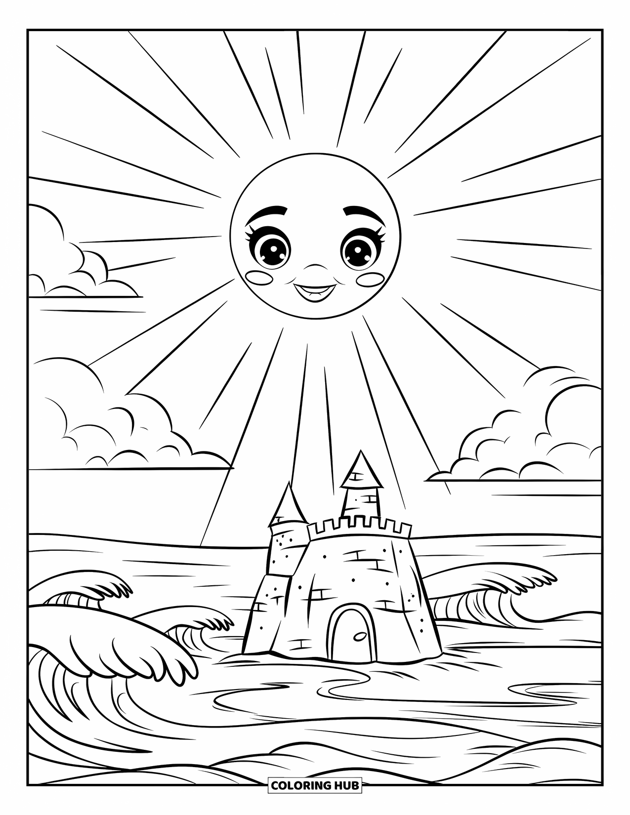 Zomer Kleurplaat voor Kinderen: Een vrolijke zon schijnt op een zandkasteel terwijl golven binnenrollen