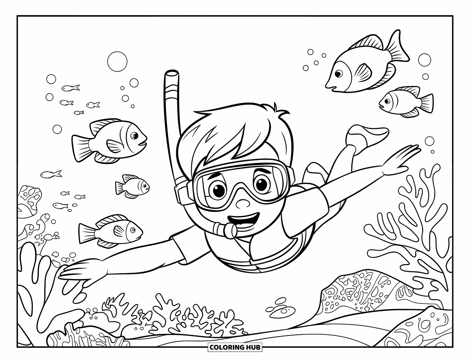 Zomer Kleurplaat voor Kinderen: Een kind met een snorkelmasker verkent de onderwaterwereld vol met vissen