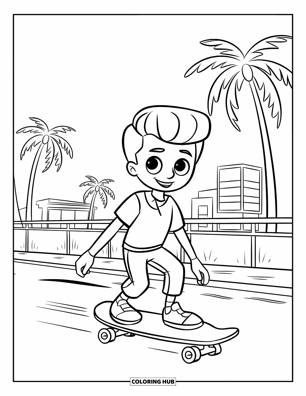 Zomer Kleurplaat voor Kinderen: Een kind in een gestreept shirt rijdt op een skateboard langs een winderige promenade