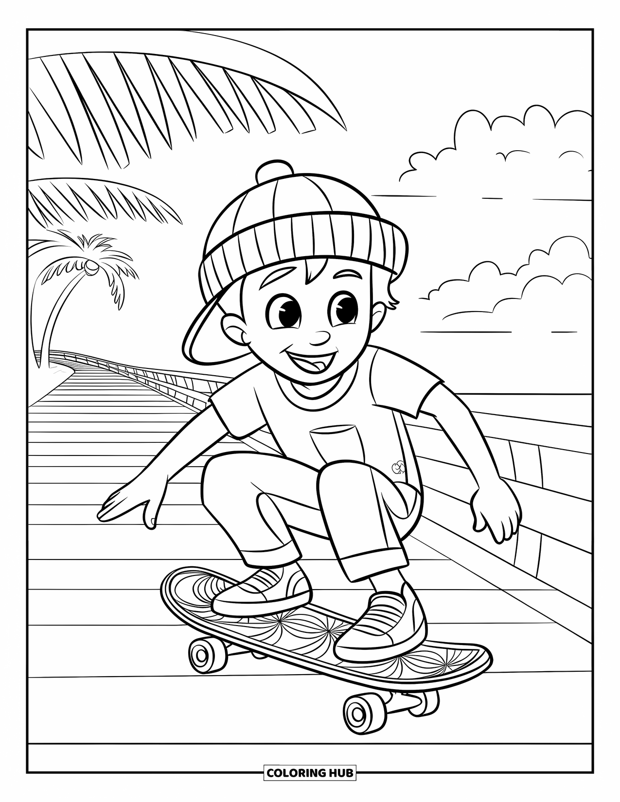 Zomer Kleurplaat voor Kinderen: Een kind met een grote glimlach skateboardt in de buurt van een zonnige strandpromenade