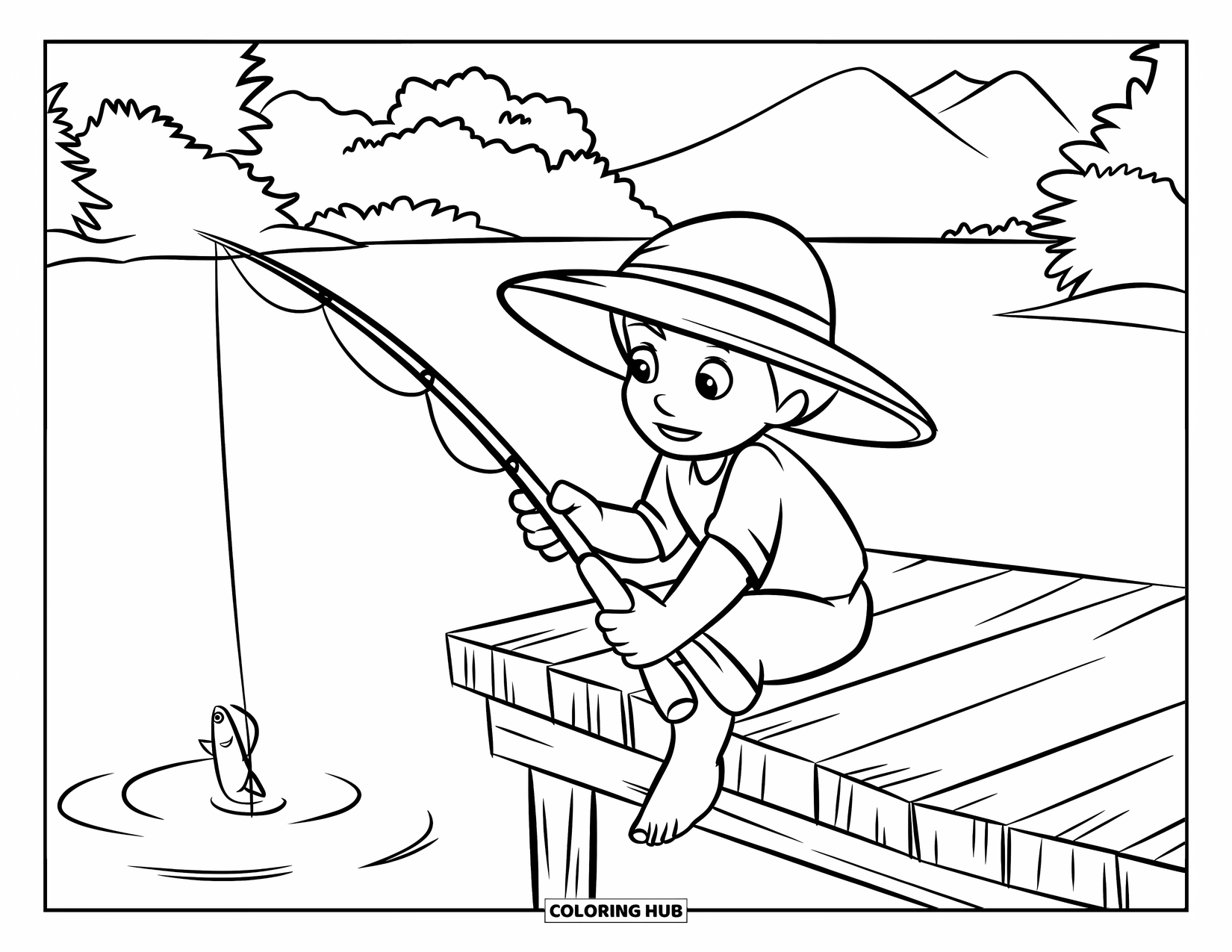 Zomer Kleurplaat voor Kinderen: Een kind met een hengel wacht geduldig op een houten dok
