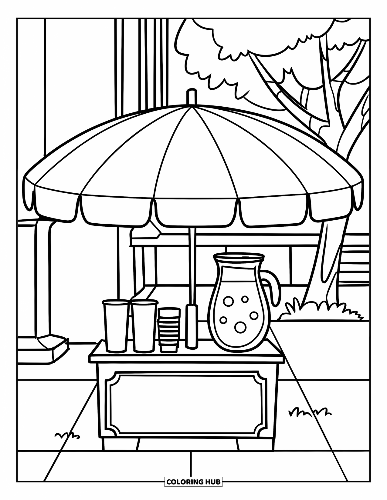 Zomer Kleurplaat voor Kinderen: Een limonadekraam met een grote parasol en een kan verse limonade staat op een trottoir
