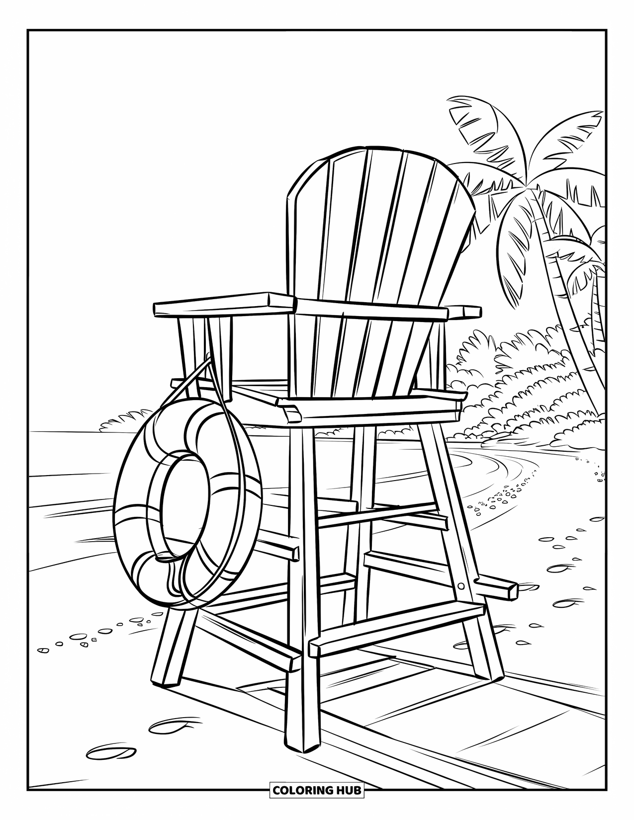 Zomer Kleurplaat voor Kinderen: Een strandwachtstoel staat hoog en kijkt uit over een vredig strand