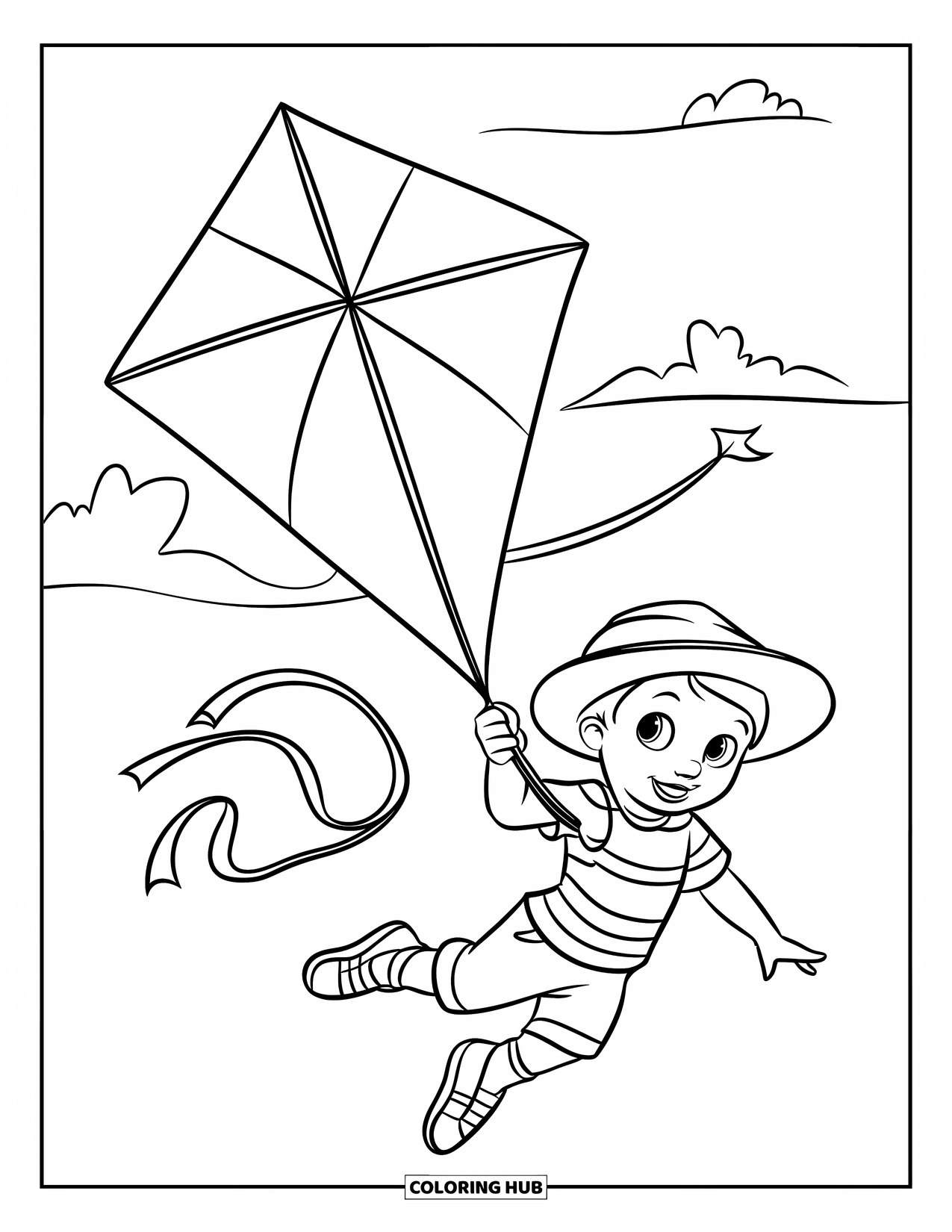 Zomer Kleurplaat voor Kinderen: Een kleine avonturier in een gestreept shirt laat een vlieger op onder de heldere hemel
