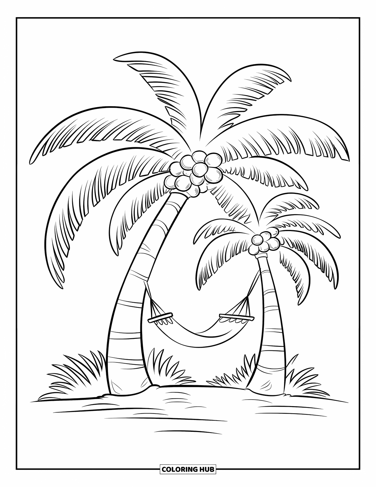 Zomer Kleurplaat voor Kinderen: Een palmboom met brede bladeren houdt een hangmat boven zacht zand