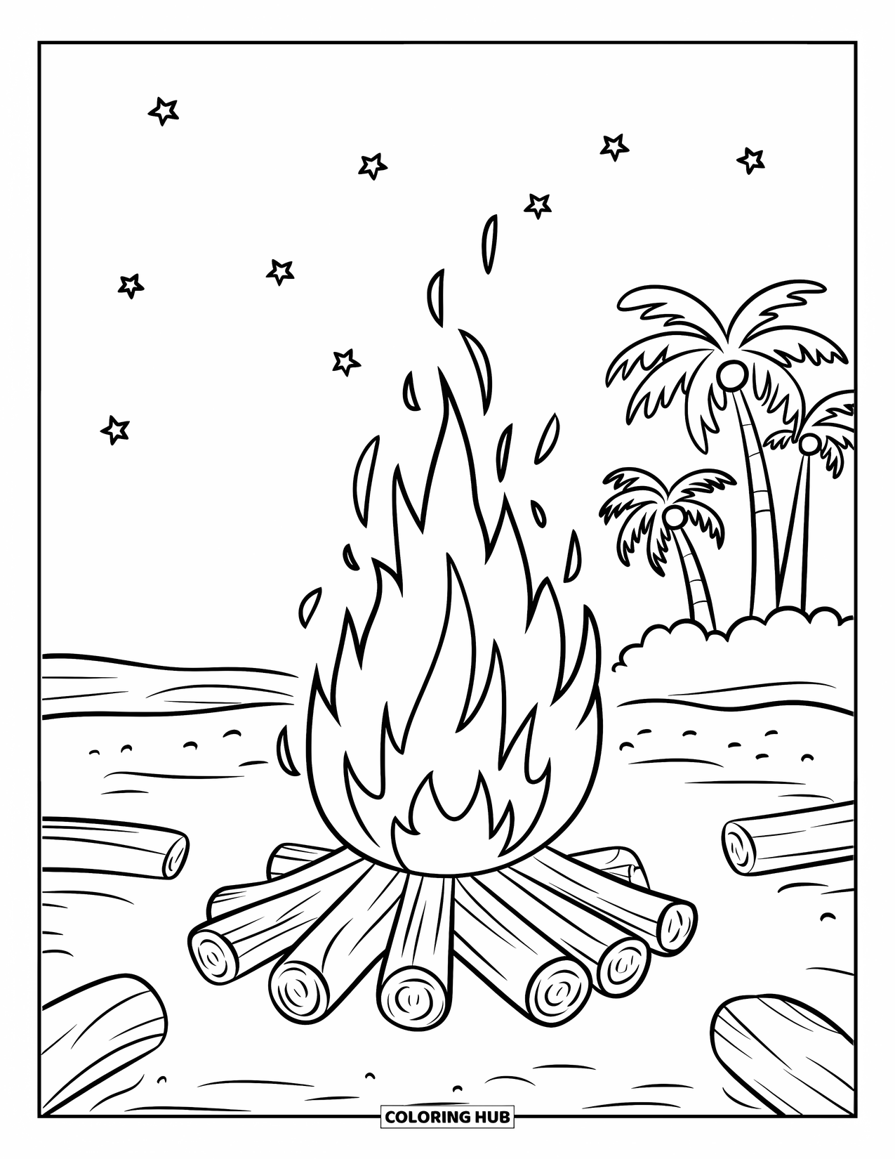 Zomer Kleurplaat voor Kinderen: Een vredig vreugdevuurtafereel op het strand, met palmbomen en fonkelende sterren