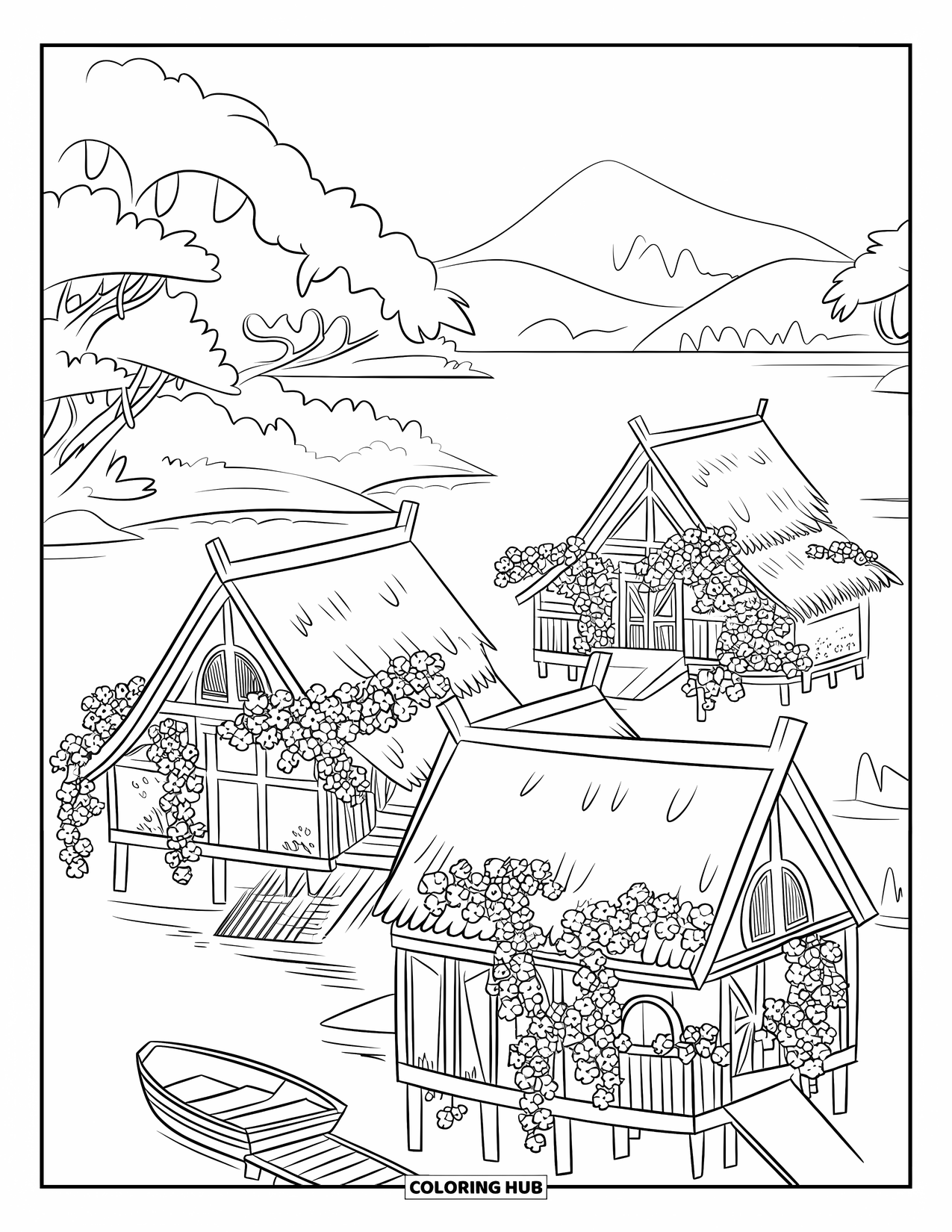 Zomer Kleurplaat voor Kinderen: Een vredig eilanddorp met huizen met rieten daken is omgeven door weelderig groen