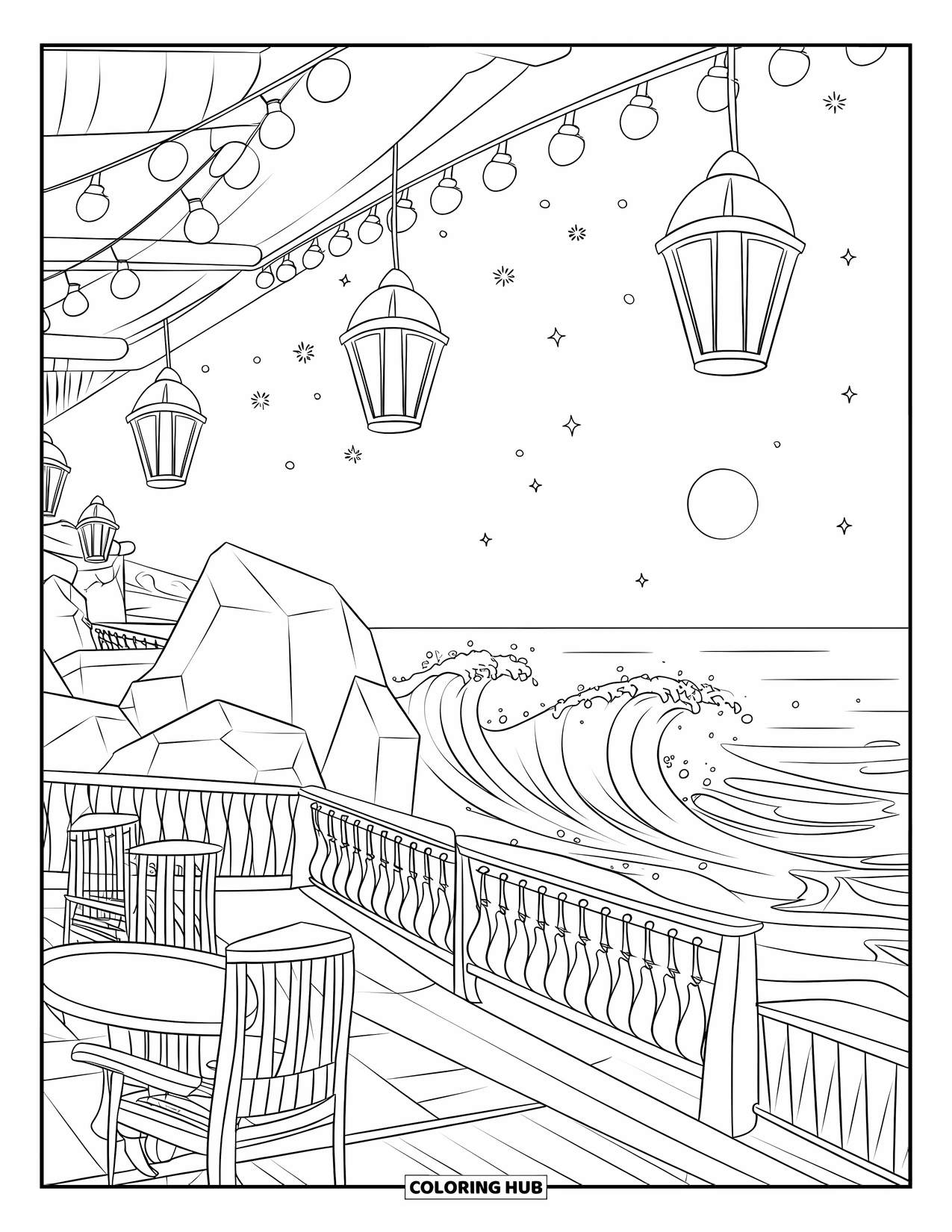 Zomer Kleurplaat voor Kinderen: Een vredig terras aan zee is versierd met lantaarns en feeërieke lichtjes