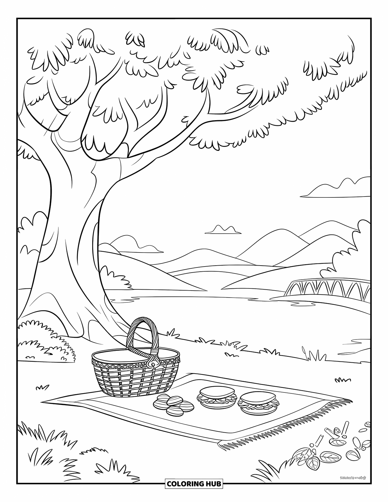 Zomer Kleurplaat voor Kinderen: Een picknickmand en een deken liggen onder een grote boom in een vredige omgeving