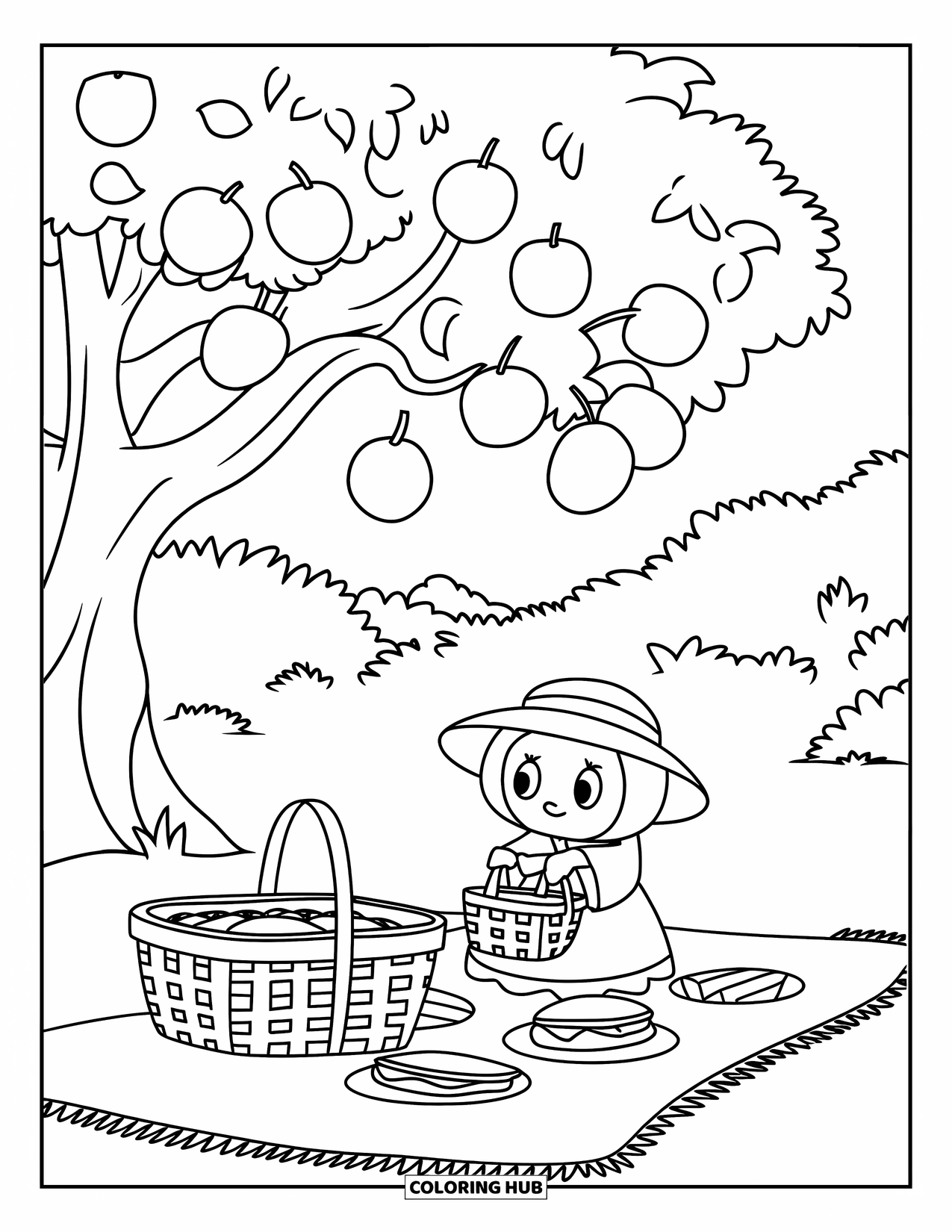Zomer Kleurplaat voor Kinderen: Een picknickmand met sandwiches staat onder een boom met grote, ronde bladeren