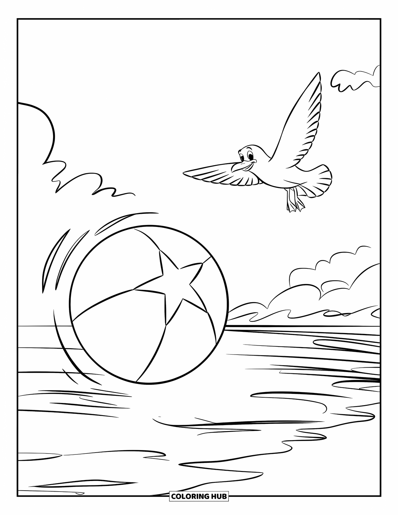 Zomer Kleurplaat voor Kinderen: Een speelse strandbal met een sterpatroon ligt in de buurt van de kustlijn