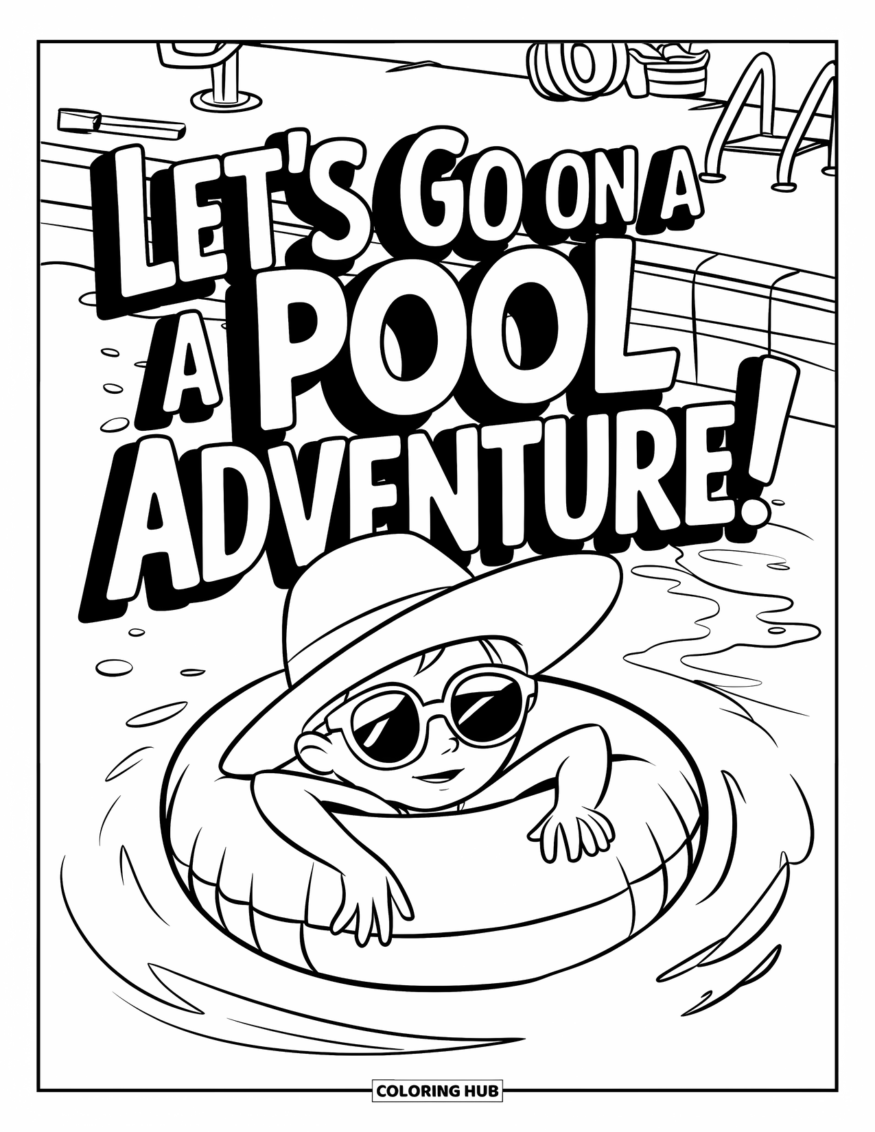 Zomer Kleurplaat voor Kinderen: Een speels kind ligt in een band, klaar voor plezier aan het zwembad