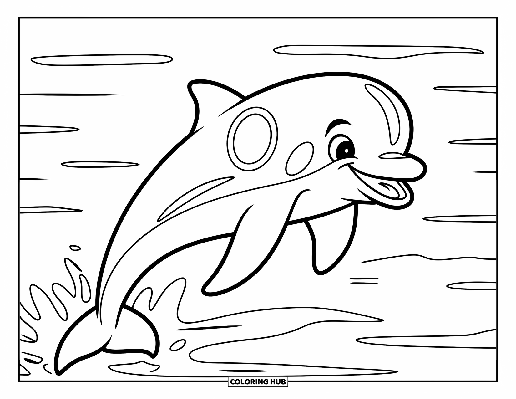 Zomer Kleurplaat voor Kinderen: Een speelse dolfijn springt hoog boven de oceaangolven