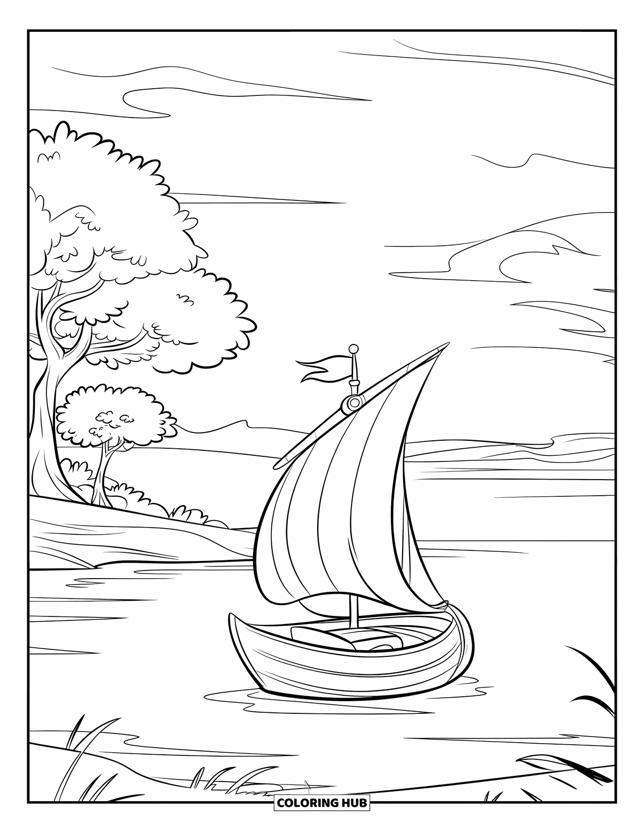 Zomer Kleurplaat voor Kinderen: Een rustige boot met een wapperende vlag vaart langs weelderige bomen en zachte golven