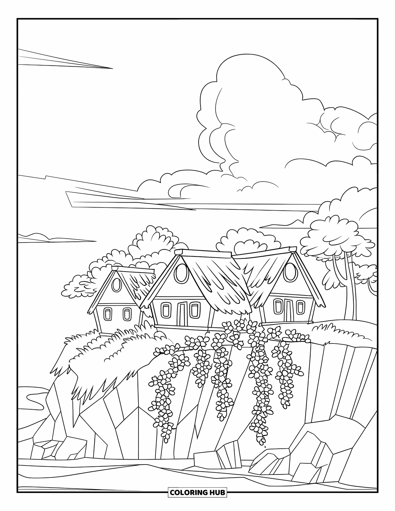 Zomer Kleurplaat voor Kinderen: Een rustig eilanddorp met eenvoudige huizen en levendige bougainvillea
