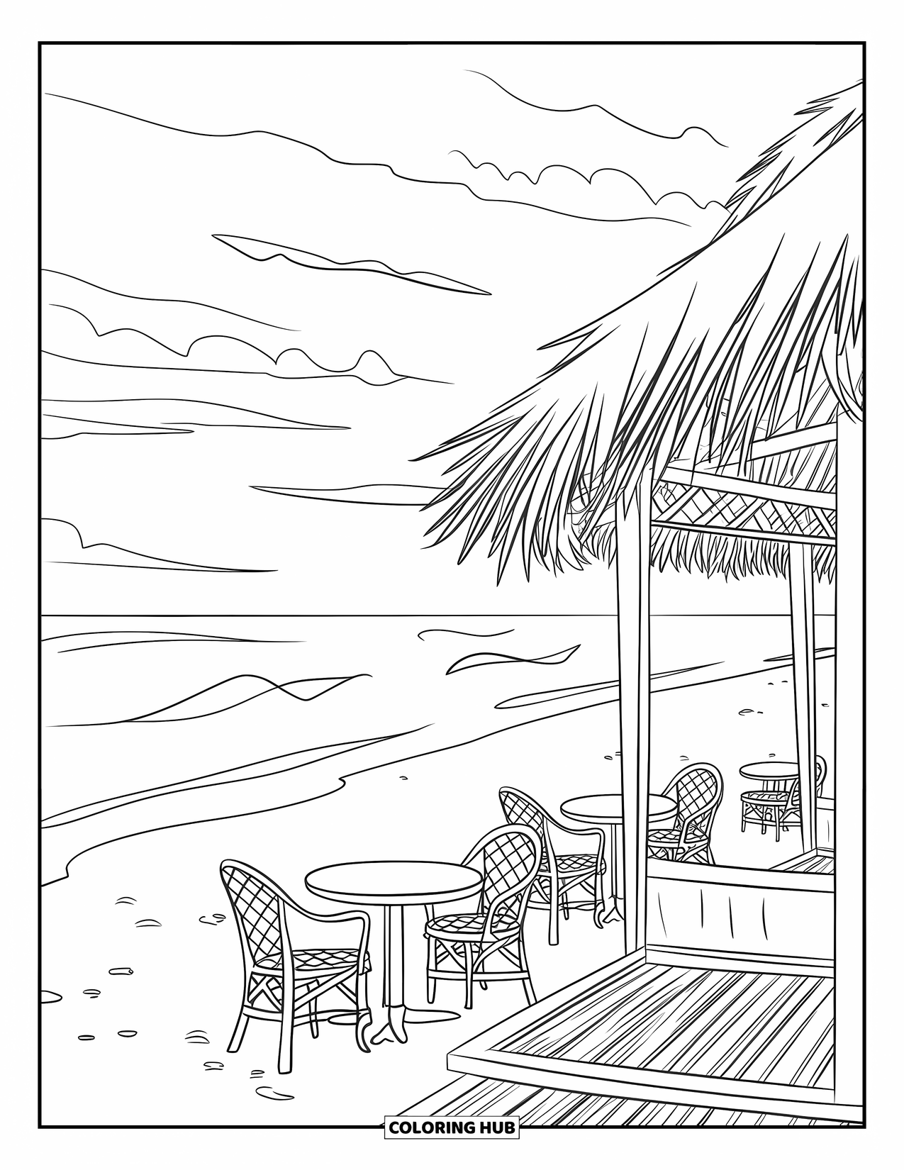Zomer Kleurplaat voor Kinderen: Een ontspannen café aan de kust heeft tafels en stoelen op het zandstrand